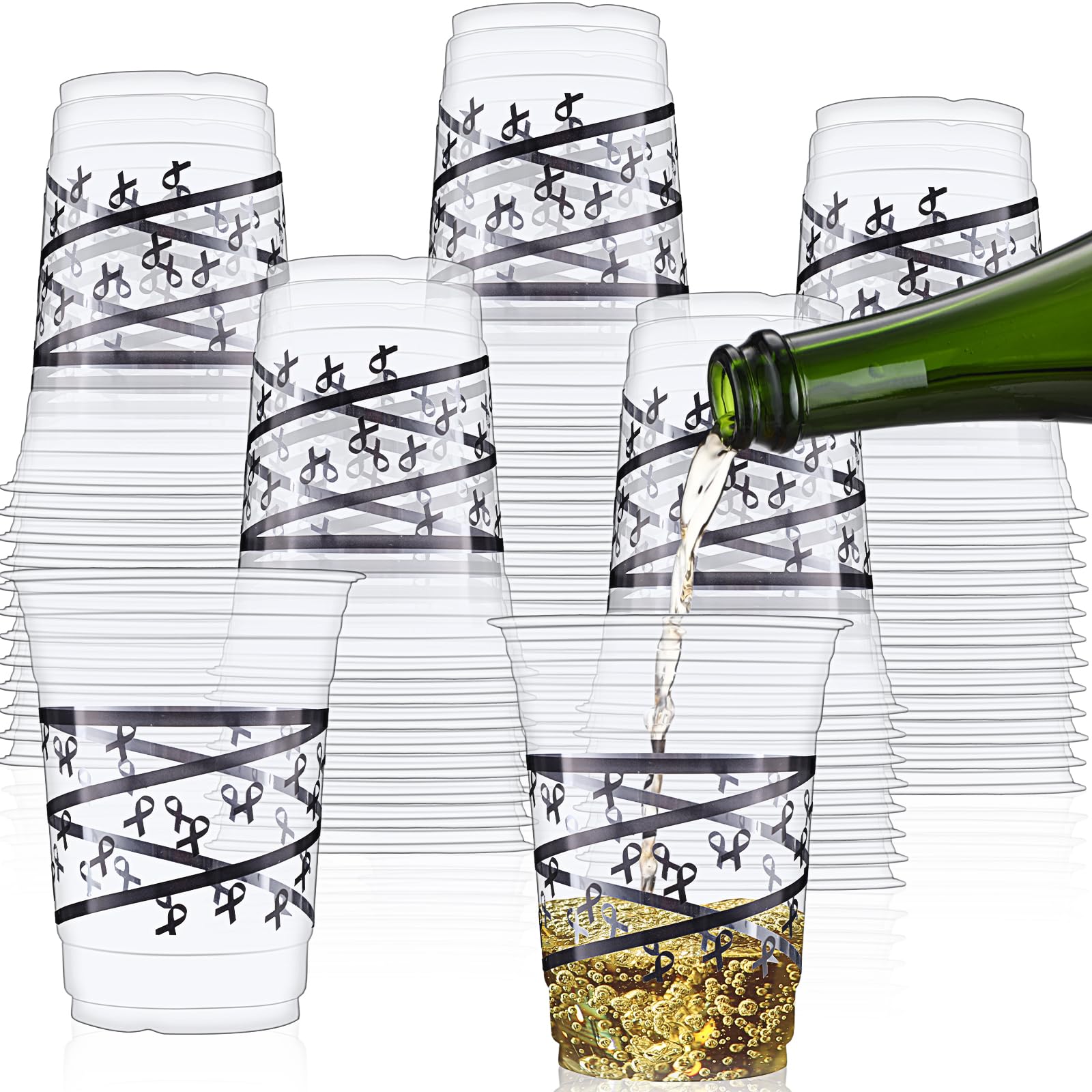 Skyley 50 Pcs Funeral Plastic Cups Bulk 16 oz Black Disposable Party Cups Rimmed Swirl Clear Wine Drinking Tumblers for Memorial Party Favors