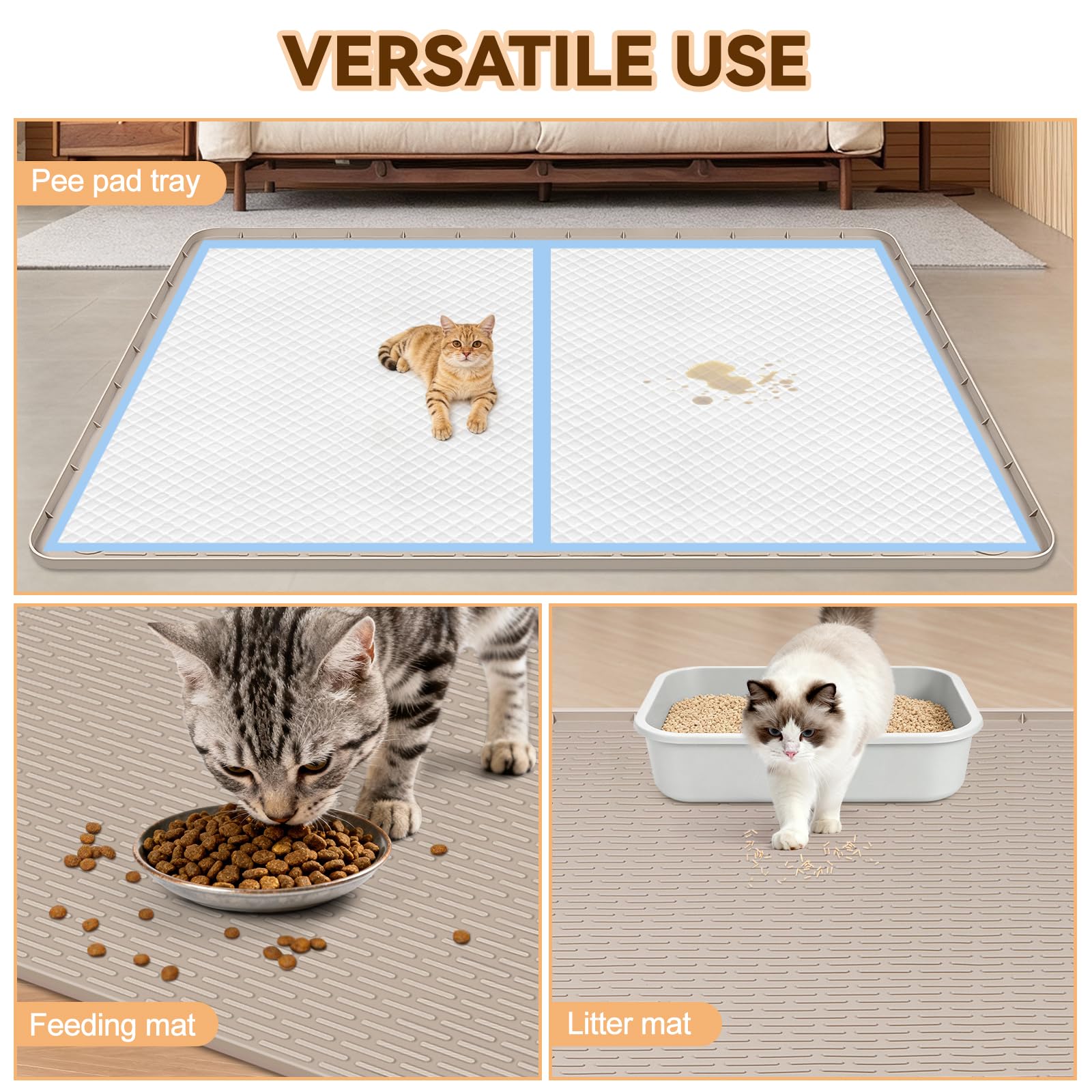 Silikon Katzenklo Matte, 145 x 102 cm Katzenmatte, Khaki | Große Katzenstreu Matte, mit Erhöhtem Rand, Geruchsneutral, Leicht zu Reinigen, Faltbar, Auslaufsichere Katzenstreumatte