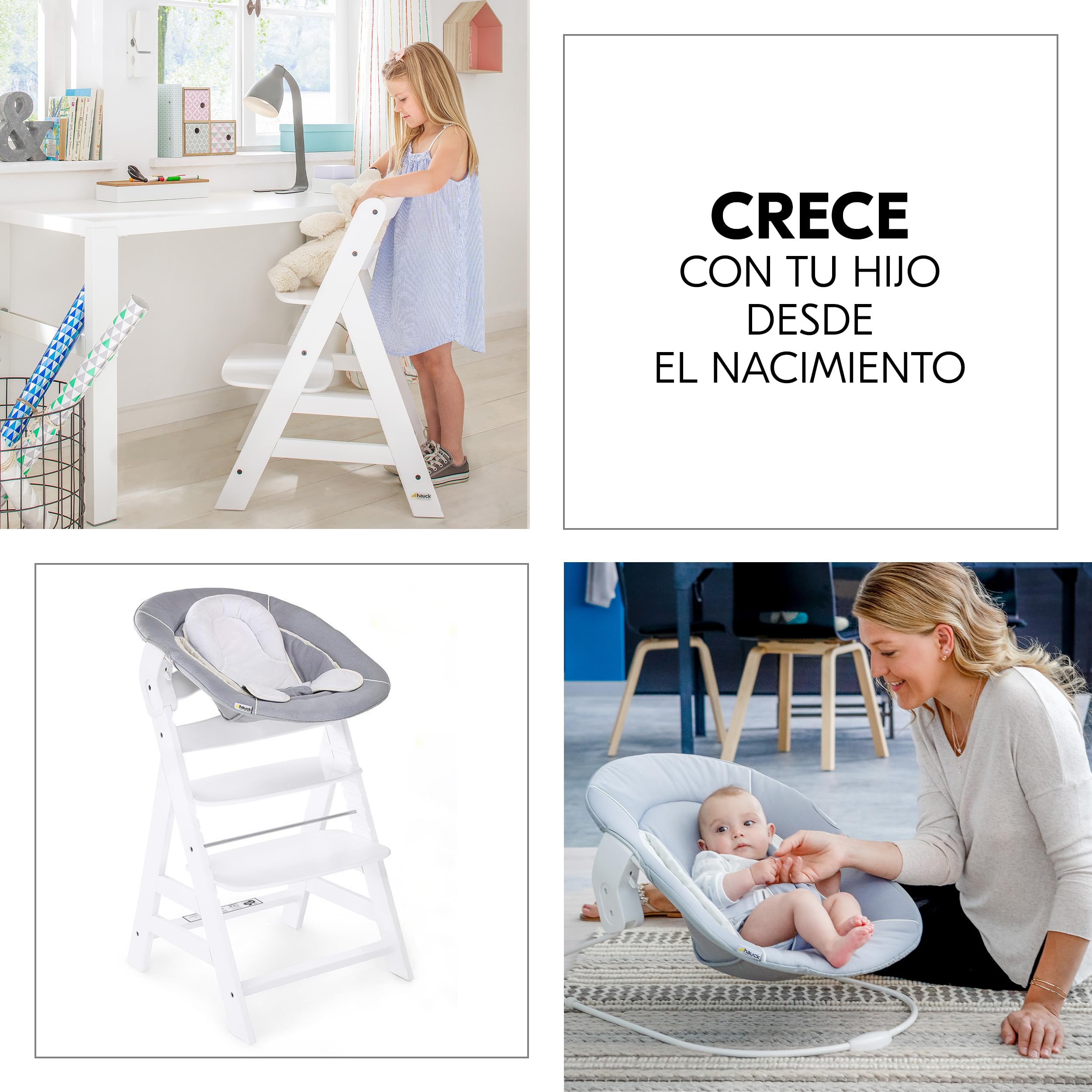 hauck Trona Evolutiva Madera Alpha+ Newborn Set con 2in1 Bouncer - Blanco | Trona de Madera con Hamaca Bebé Apta desde el Nacimiento y Cojín de 2 Piezas
