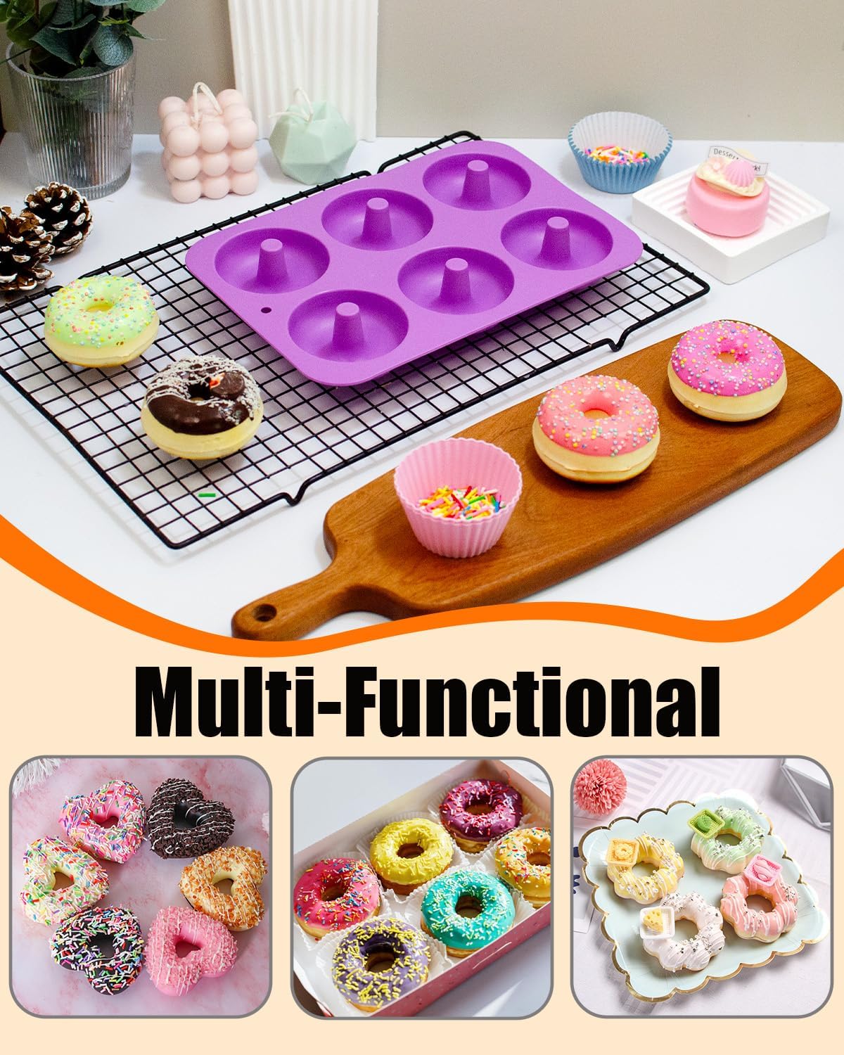 Silicone Donut Pan 3pcs Non-Stick Doughnuts Baking Pans for Donuts, 6 Cavity Fluted Tube Cake Silicone Mold for Baking (Orange+Pink+Purple) image 5