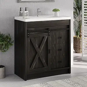 4ever2buy 31-inch Farmhouse Bathroom Vanity with Sink, Small Bathroom Vanity Cabinet with 2 Drawers & Sliding Barn Door, Brown
