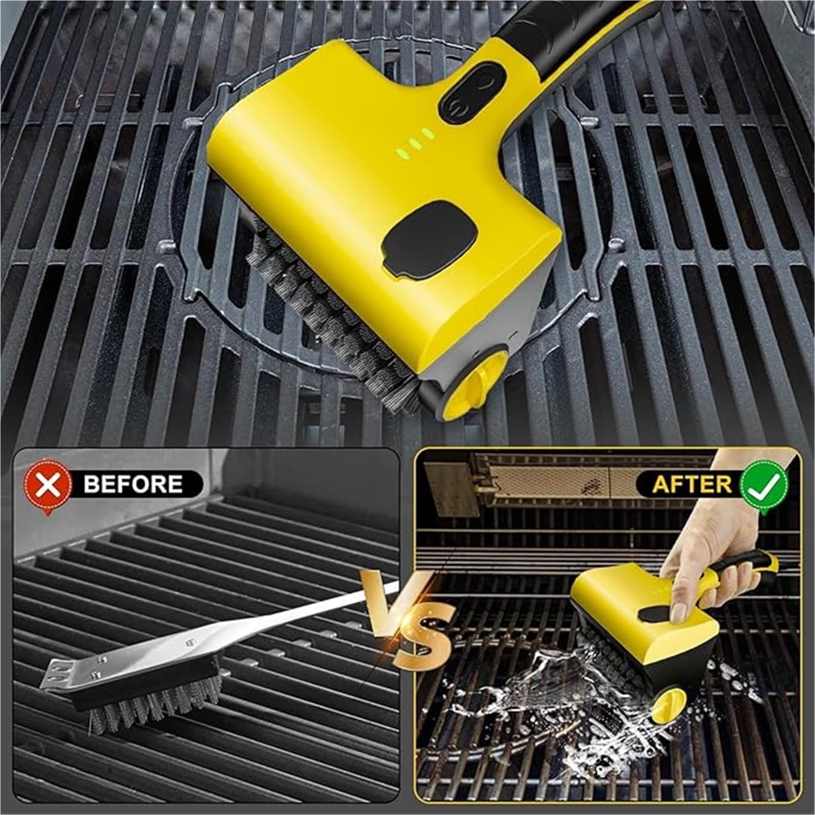 Cepillo eléctrico inalámbrico para parrilla con cabezal giratorio de 360° y caja dispensadora de líquidos, limpiador eléctrico recargable para limpieza de parrilla de barbacoa