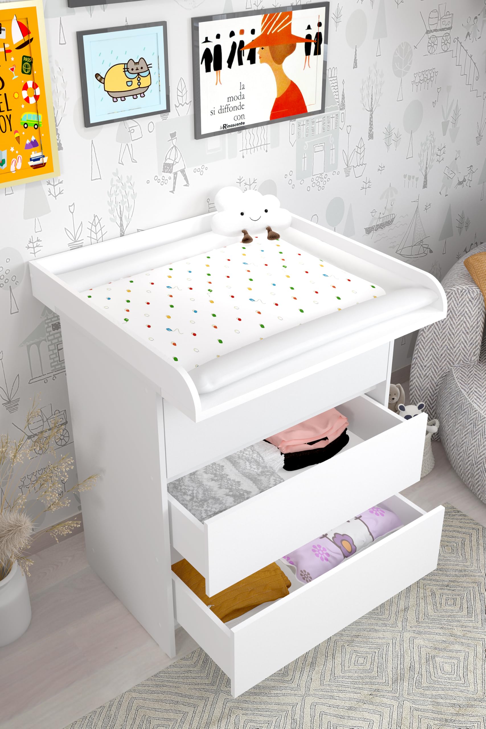 Shefa Kids 820 Commode à Langer Blanc – Table à Langer 3 tiroirs & Commode Chambre Enfant, Set complet Chambre bébé Avec plan à Langer rabattable, Station de Change ergonomique