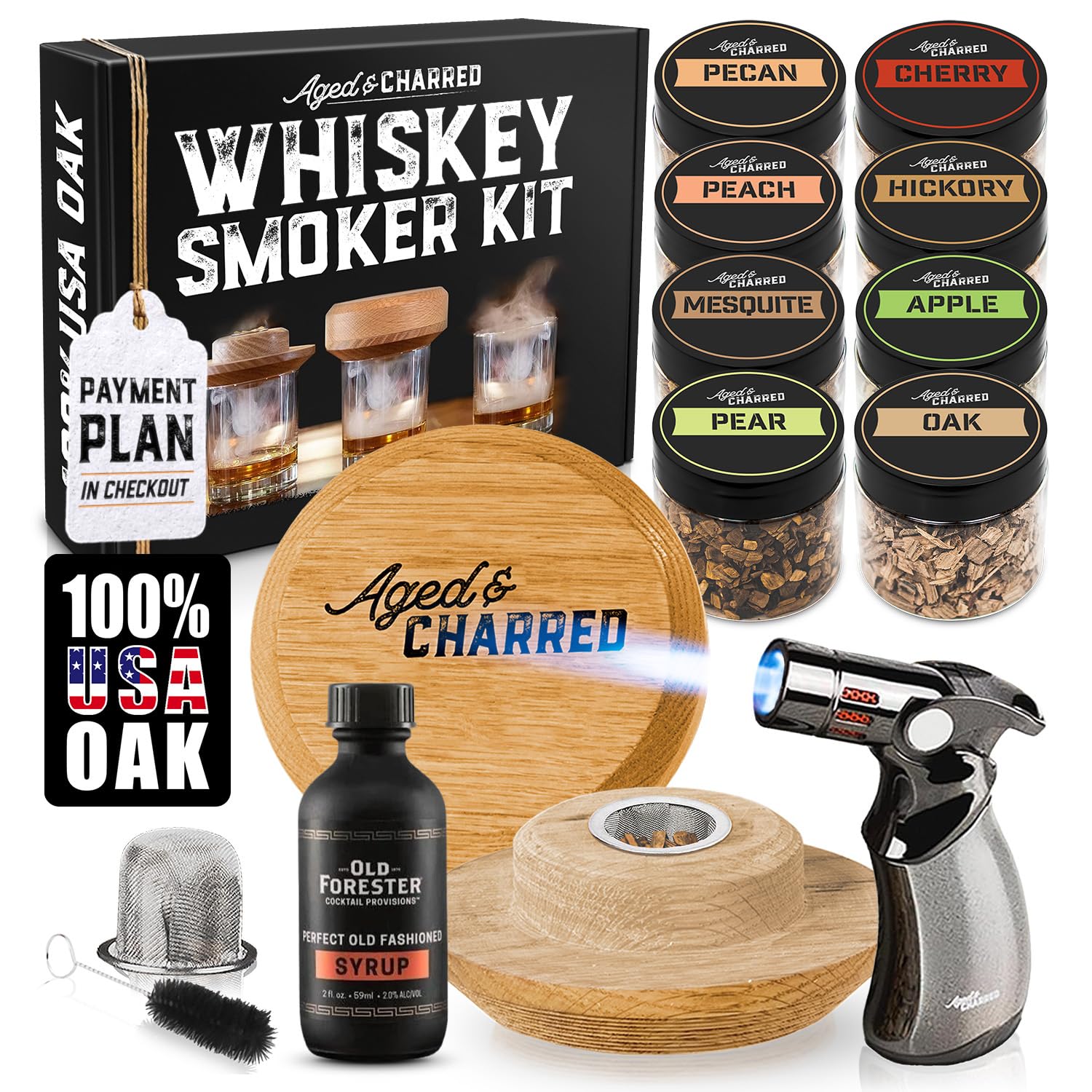 Aged & CharredCocktail Smoker Kit with Torch, Wood Chips for Whiskey, Bourbon More - Drink Smoker Made of 100% Oak - Old Fashioned Smoker Kit - Whiskey Gifts for Men, Husband, Boyfriend, Dad, Son