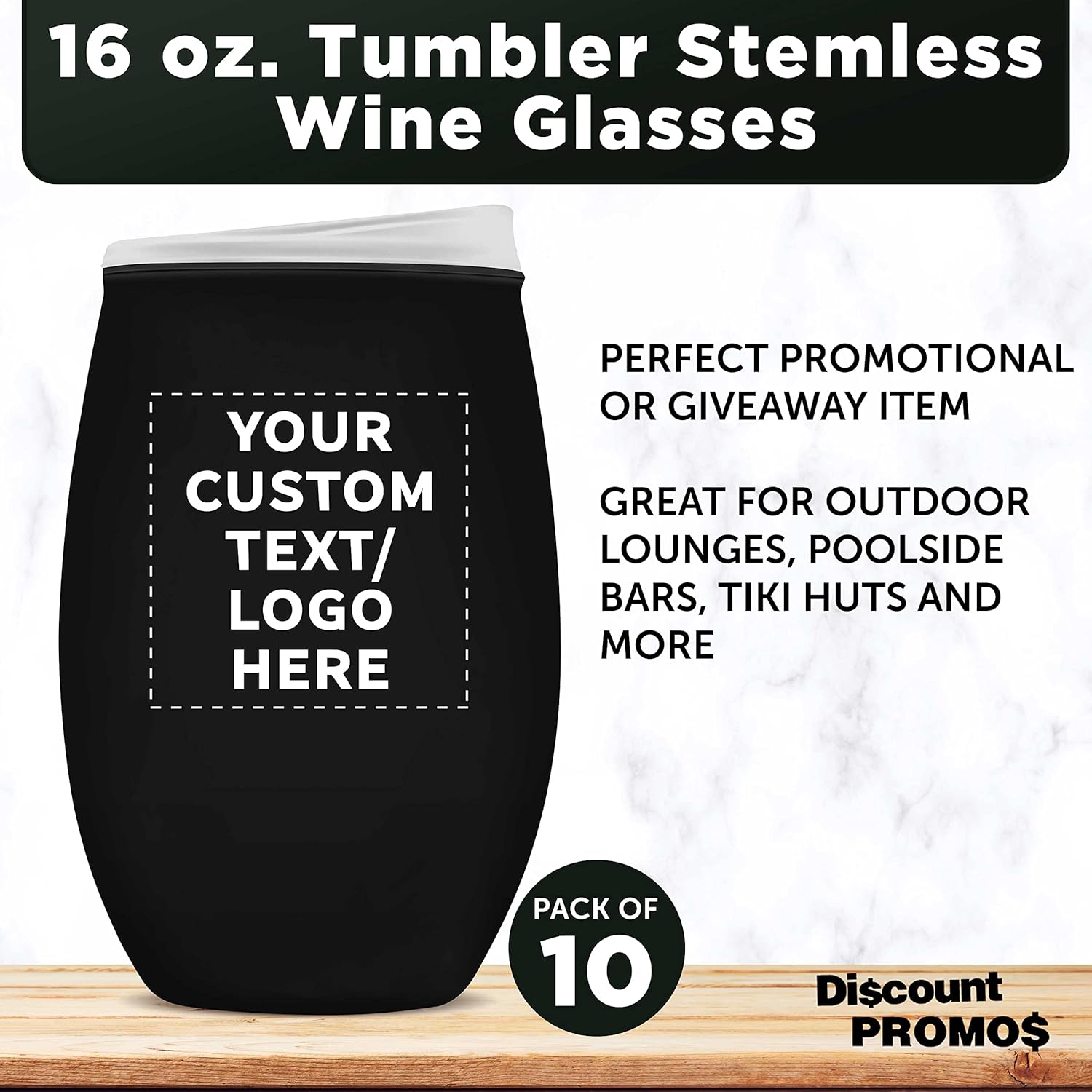 Custom Tumbler Stemless Wine Glasses 16 oz. Set of 10, Personalized Bulk Pack - Perfect for Wine, Cocktails, Other Hot & Cold Beverages - Black