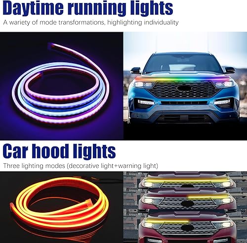 Miniatura 4 de DREAMOTOR Tira de luz para capó de automóvil de 71 pulgadas, luz LED dinámica multicolor para capó de automóvil, flexible e impermeable, tira de luz