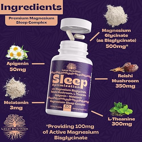 Miniatura 5 de Ayuda natural para dormir con glicinato de magnesio 500 mg de hongo Reishi 350 mg de L-teanina 300 mg de apigenina 50 mg de melatonina 3 mg