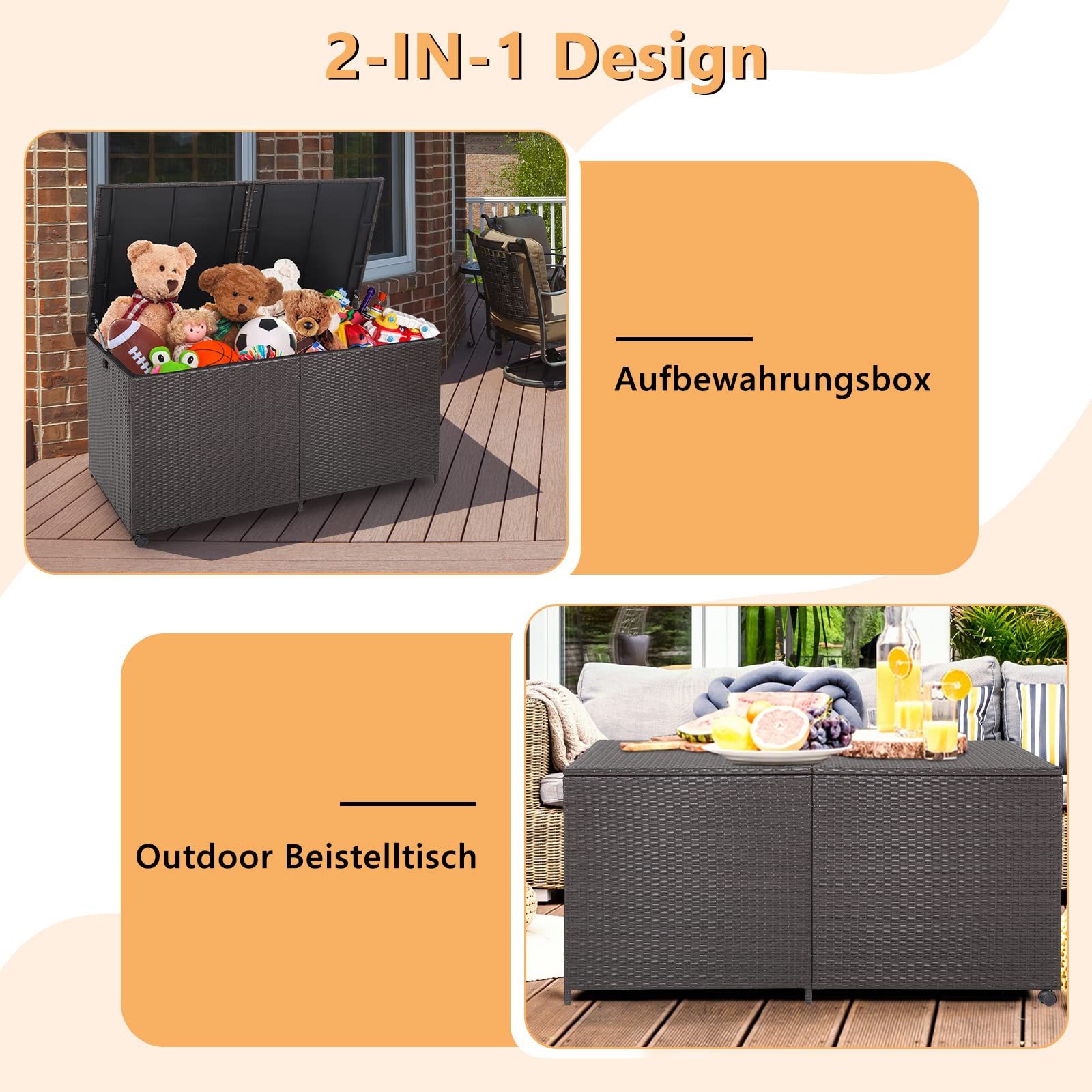 COSTWAY XXL Gartenbox mit 662 L Fassungsvermögen, Aufbewahrungsbox aus Rattan mit Reißverschluss & 2 Universalrädern, Kissenbox Gartenschrank Gartentruhe wetterfest für Garten, Hinterhof
