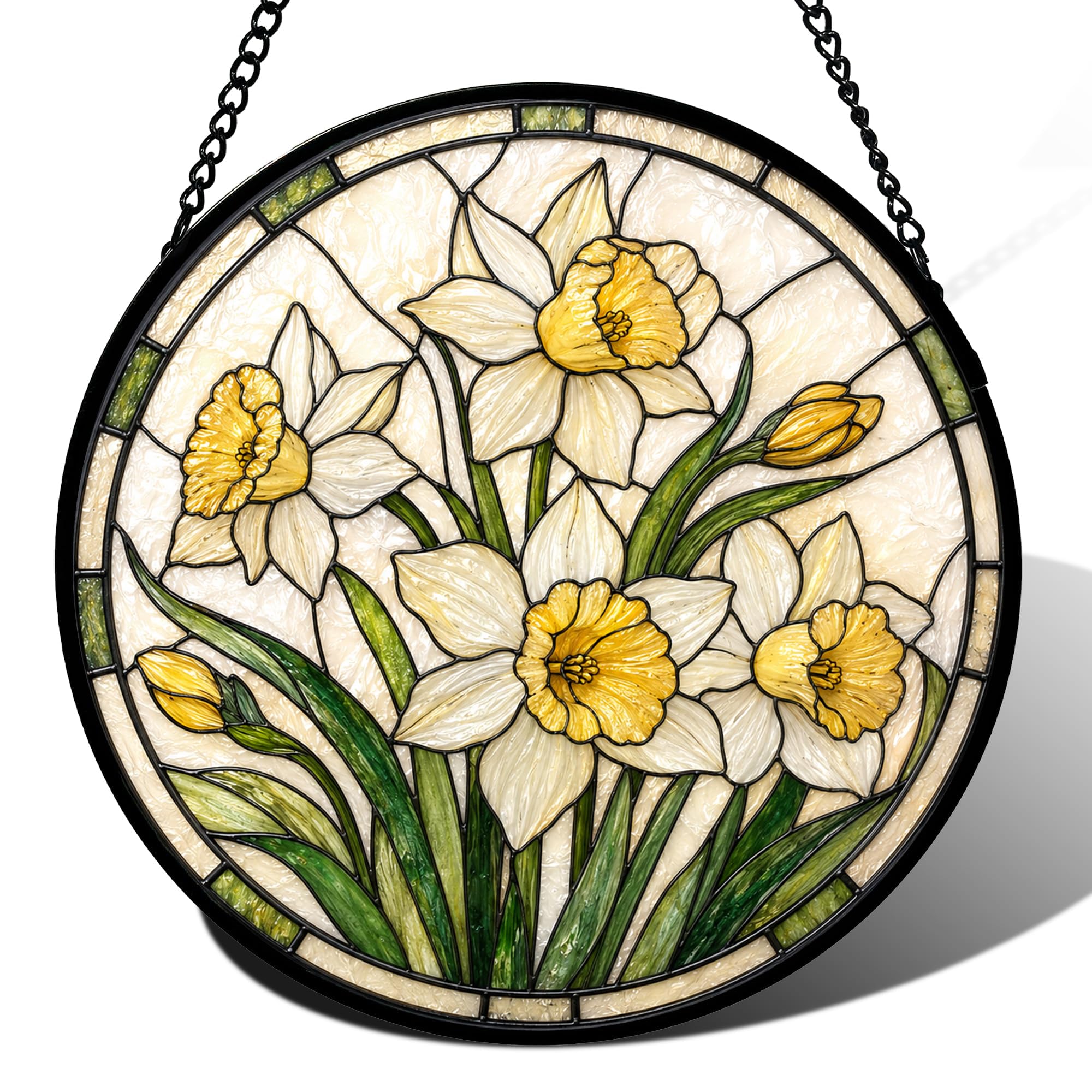 Birth Month Flowers Stained Glass Window Hanging, Sun Catcher for Window, Stained Glass Kit Style Floral Suncatcher, Round Flower Decor for Indoor Window Wall Garden Gift (Daffodil)