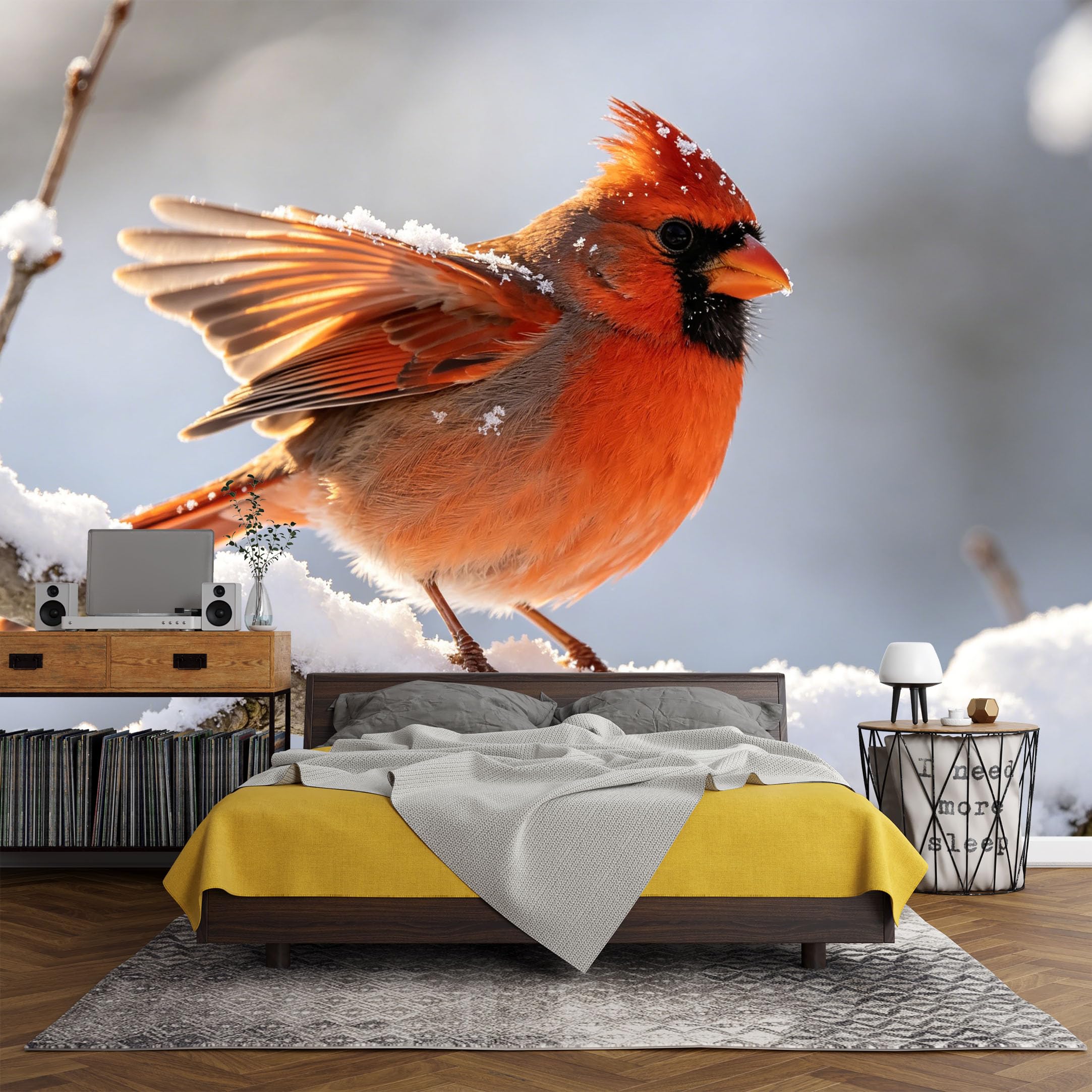 Custom Size Wall Mural Winter Northern Cardinal Bird Snowy Branch Landscape SelfAdhesive Art Prints wall Fabric（No PVC） Removable Wallpaper Living Room Decor