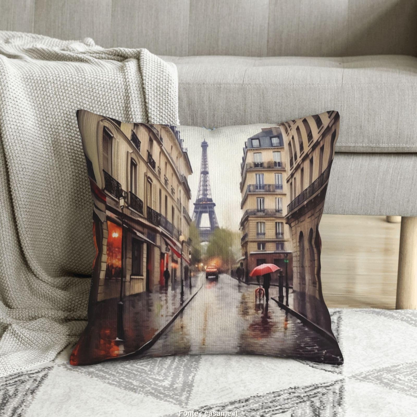 Housses de coussin décoratives Paris pour canapé salon motif rue pluvieuse 45x45