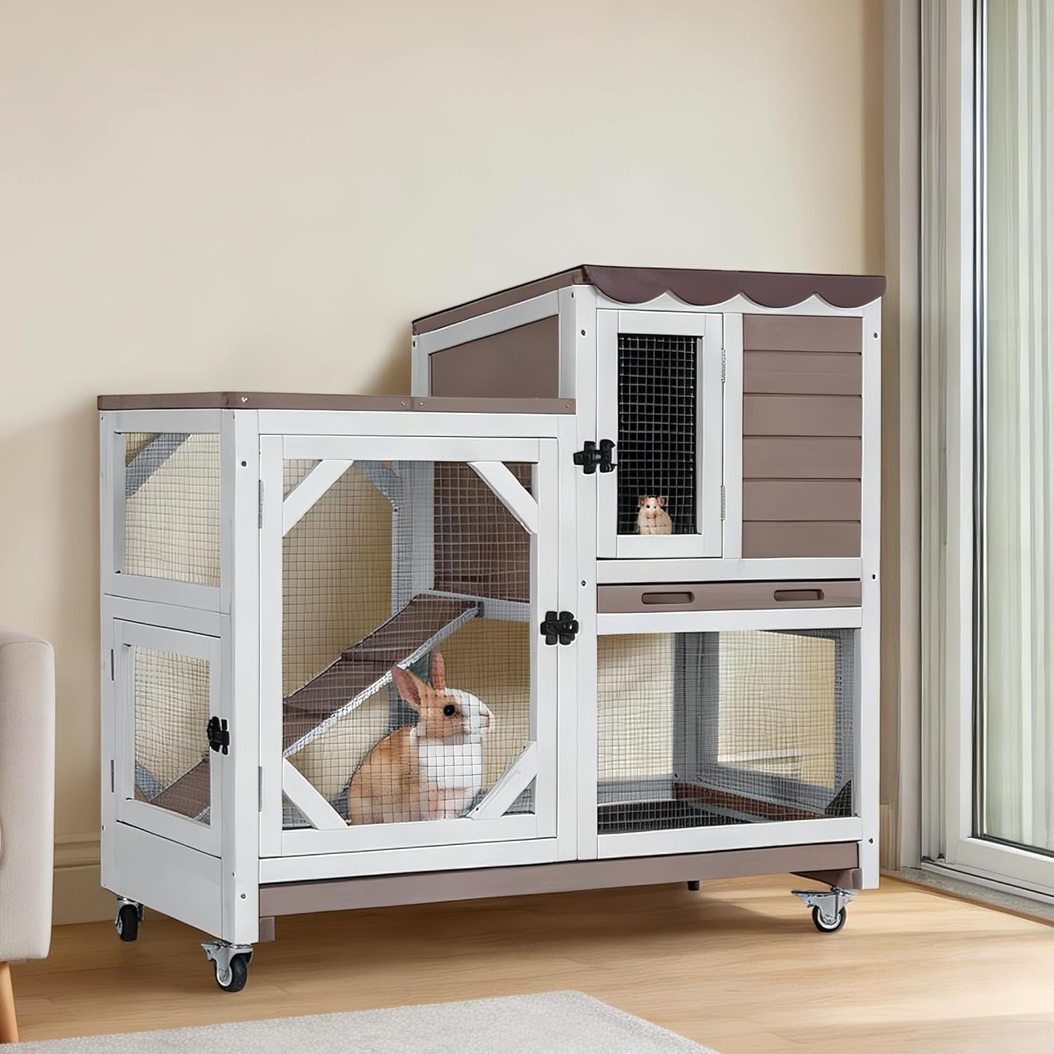 Aivituvin Rabbit Cage Indoor, 2-Story Bunny Cage with Leak-Proof Trays, Chew-Proof Wooden Rabbit Cage on Wheels for Small Pets (39.3" L x 22" W x 36.8" H) - Brown
