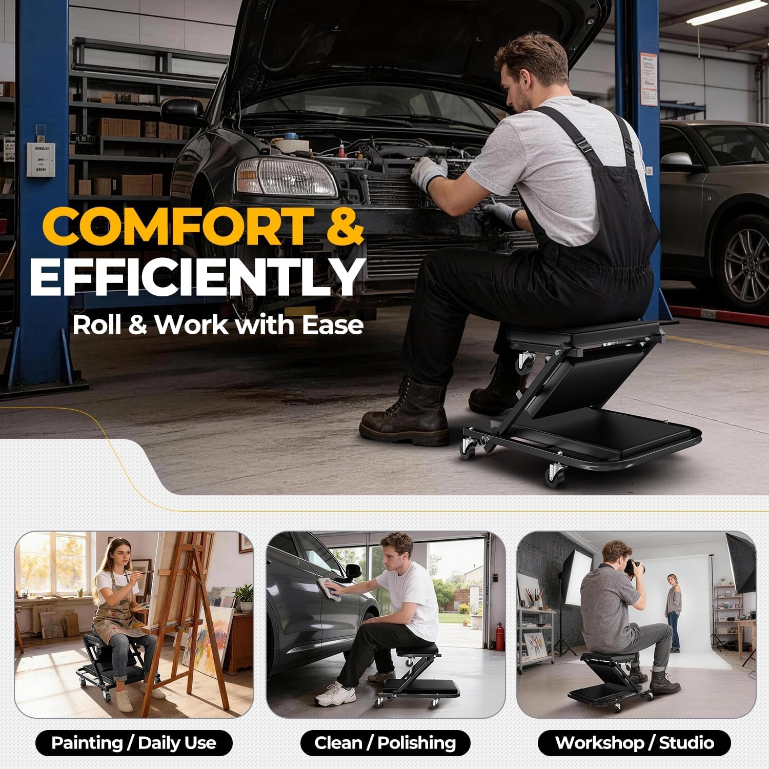 Auto Dynasty 40" Z-Creeper Seat, 2-in-1 Foldable Garage Creeper Shop Seat, 330 LBS Capacity Automotive Mechanic Repair Under Car Rolling Creeper Seat, Black