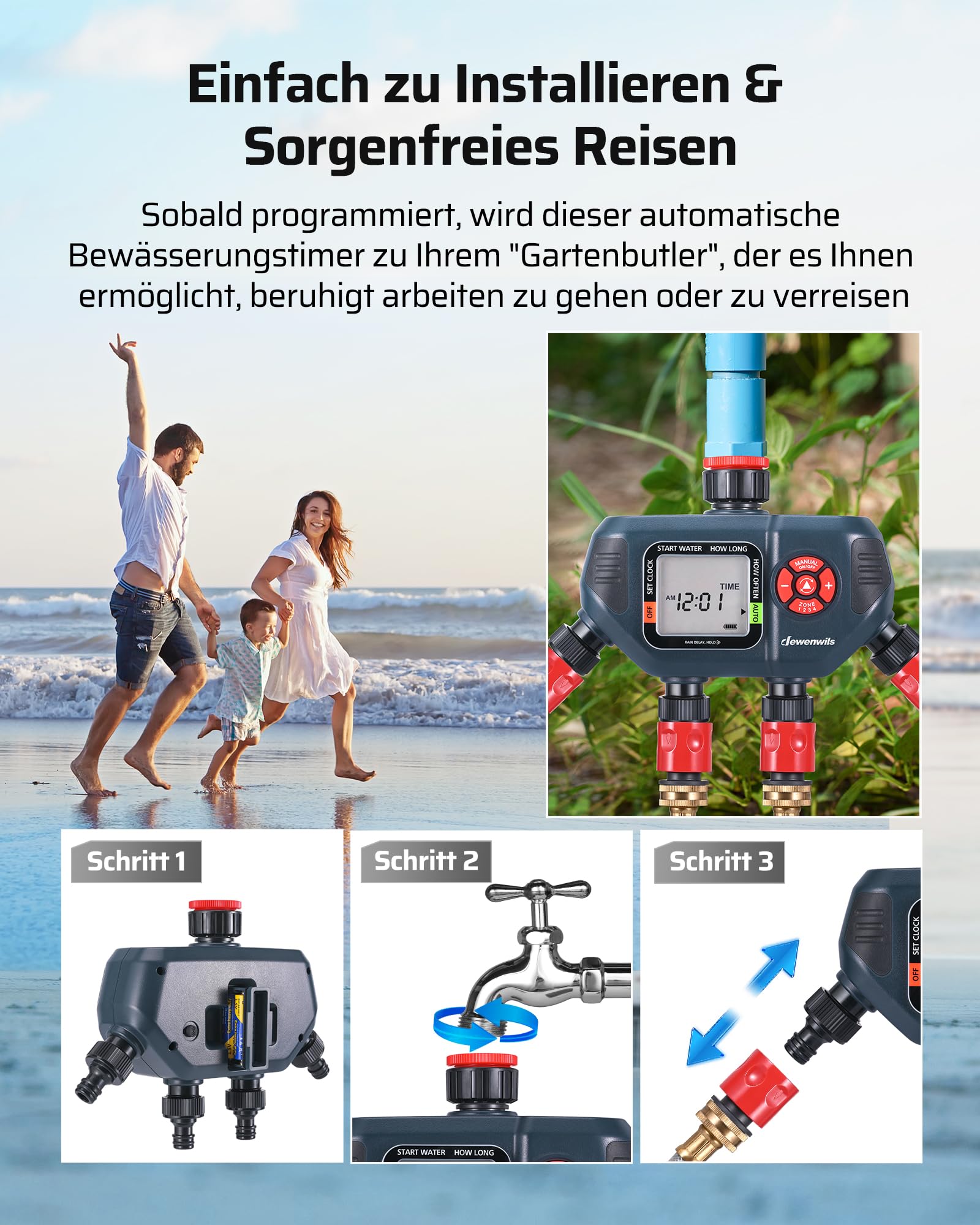 DEWENWILS Bewässerungscomputer 4 Ausgänge, 4 Bewässerungsprogramme für Jede Zone, Garten Bewässerungsuhr, Automatische Bewässerung Zeitschaltuhr mit Regenverzögertem/Manuellem/Automatischem Modus