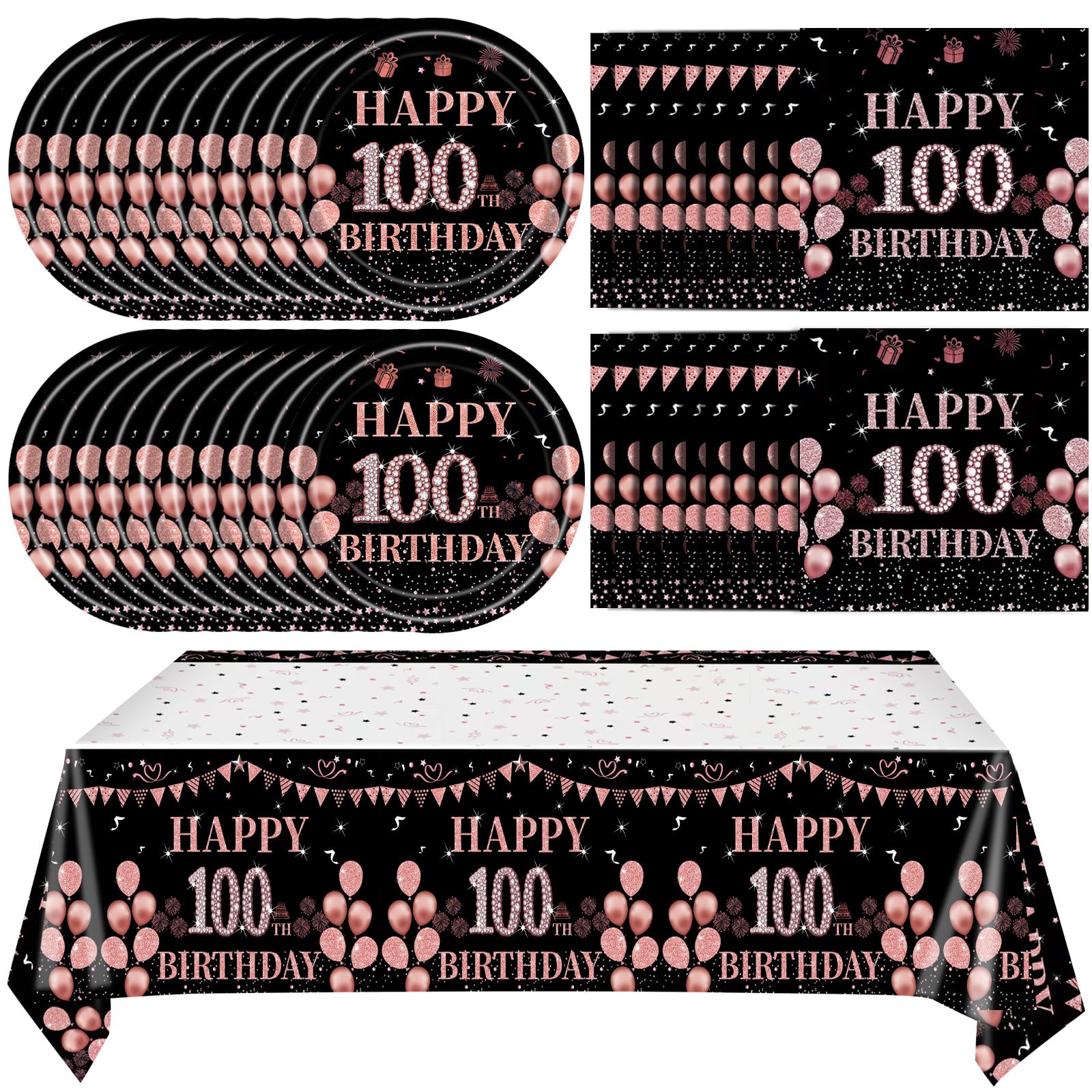 41Pcs 100th Birthday Decorations for Women, Vintage 100 Birthday Black and Rose Gold Disposable Paper Plates and Napkins Party Supplies for 20 Guests,