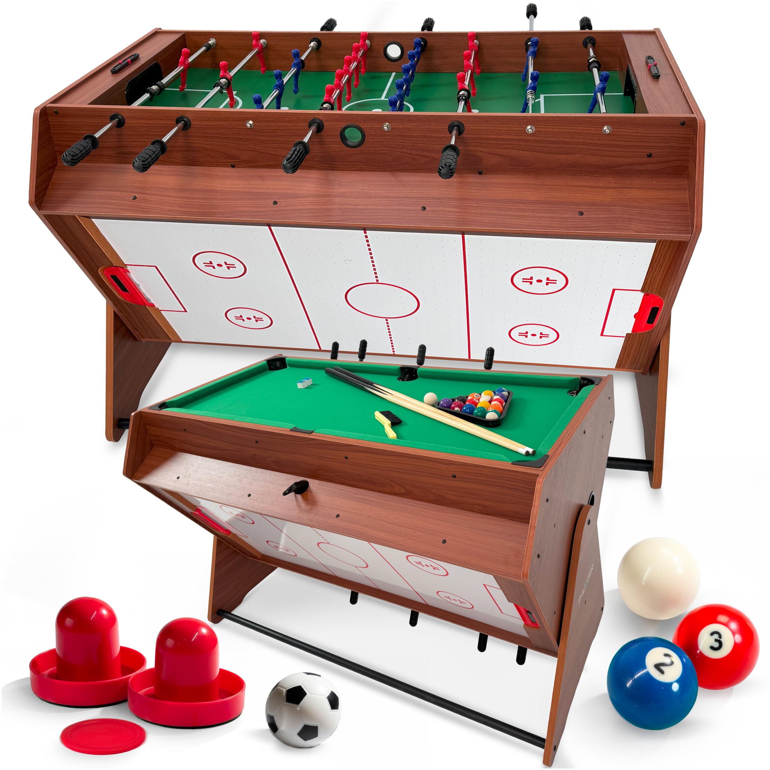 THUNDER SMART 3-in-1 Multifunktionaler Spieltisch 126 cm – Tischfußball, Billard und Airhockey, Stabiler drehbarer Spieletisch mit Zubehör für Kinder und Erwachsene