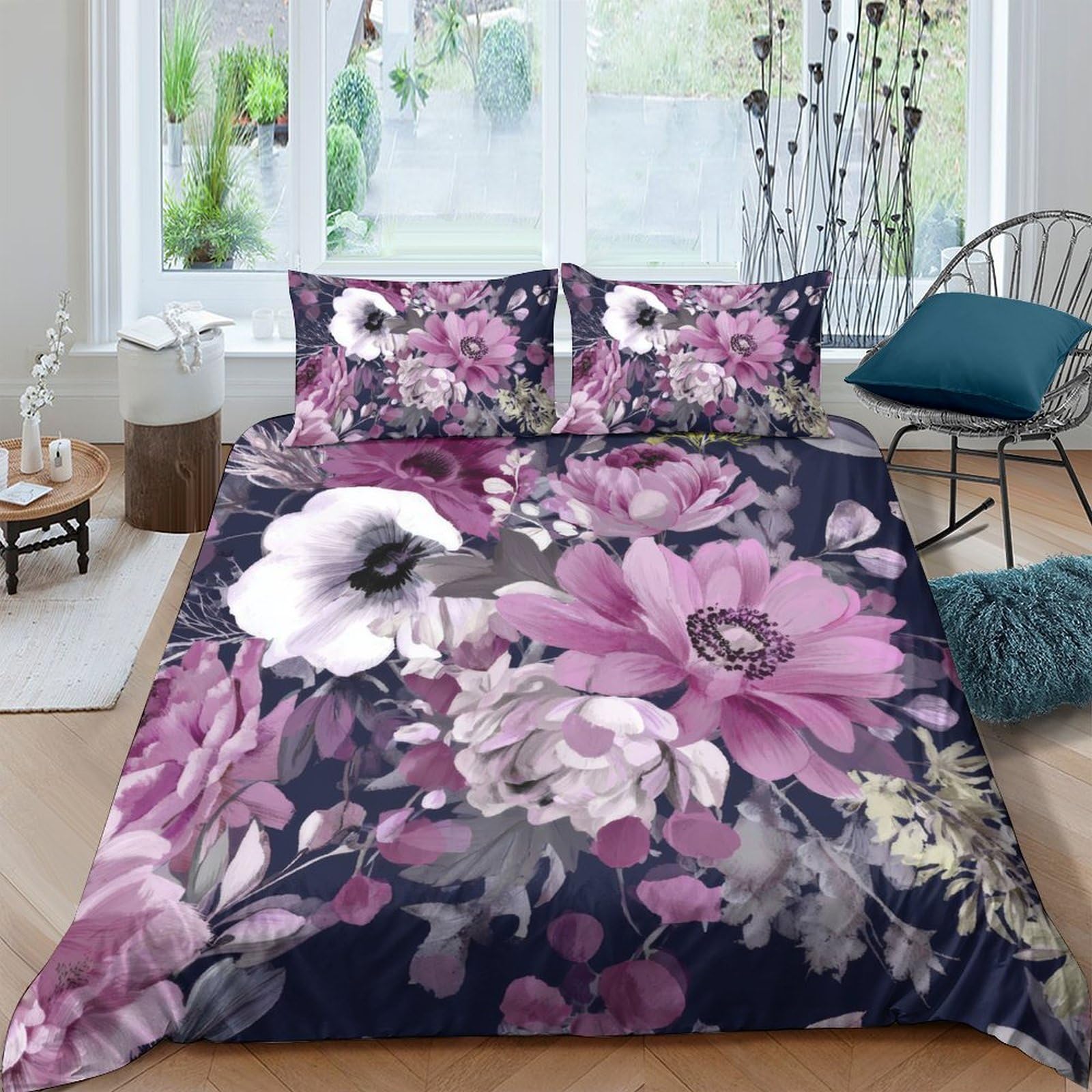 Ctjqhvkz Style-9 3D Printed Purple Floral Fitted Sheet Microfiber Soft Pink Blossom Bed Cover Anti-Slip Machine Washable For Bedroom Guest Room Single（135X200cm）