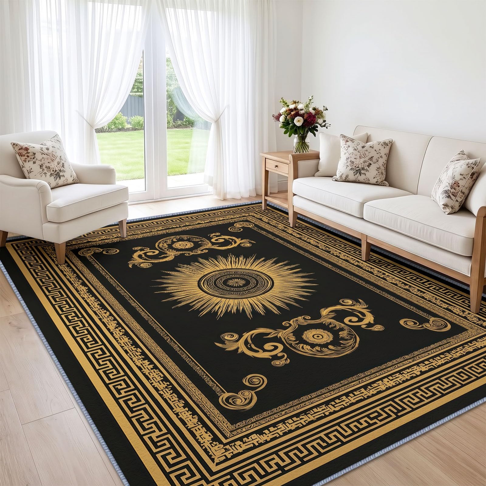 Nadający się do prania, luksusowy, geometryczny dywan do salonu, 140 x 200 cm, antypoślizgowy, z kołnierzem, wieniec promieniowy, do pokoju dziecięcego – miękki dywan z krótkim włosiem do sypialni