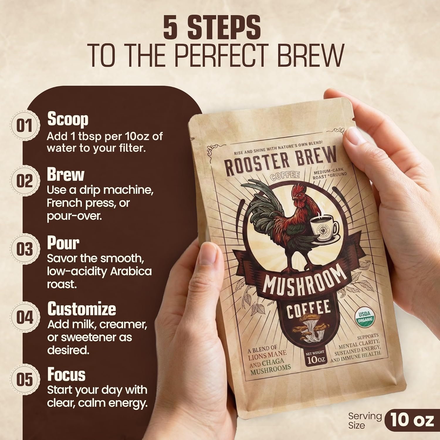 Mushroom Coffee,Real Ground Coffee (Not Instant) Rooster Brew Organic Ground – 1200mg Lion’s Mane & Chaga – Medium Roast Arabica – Low Acid Half Caff – 10oz