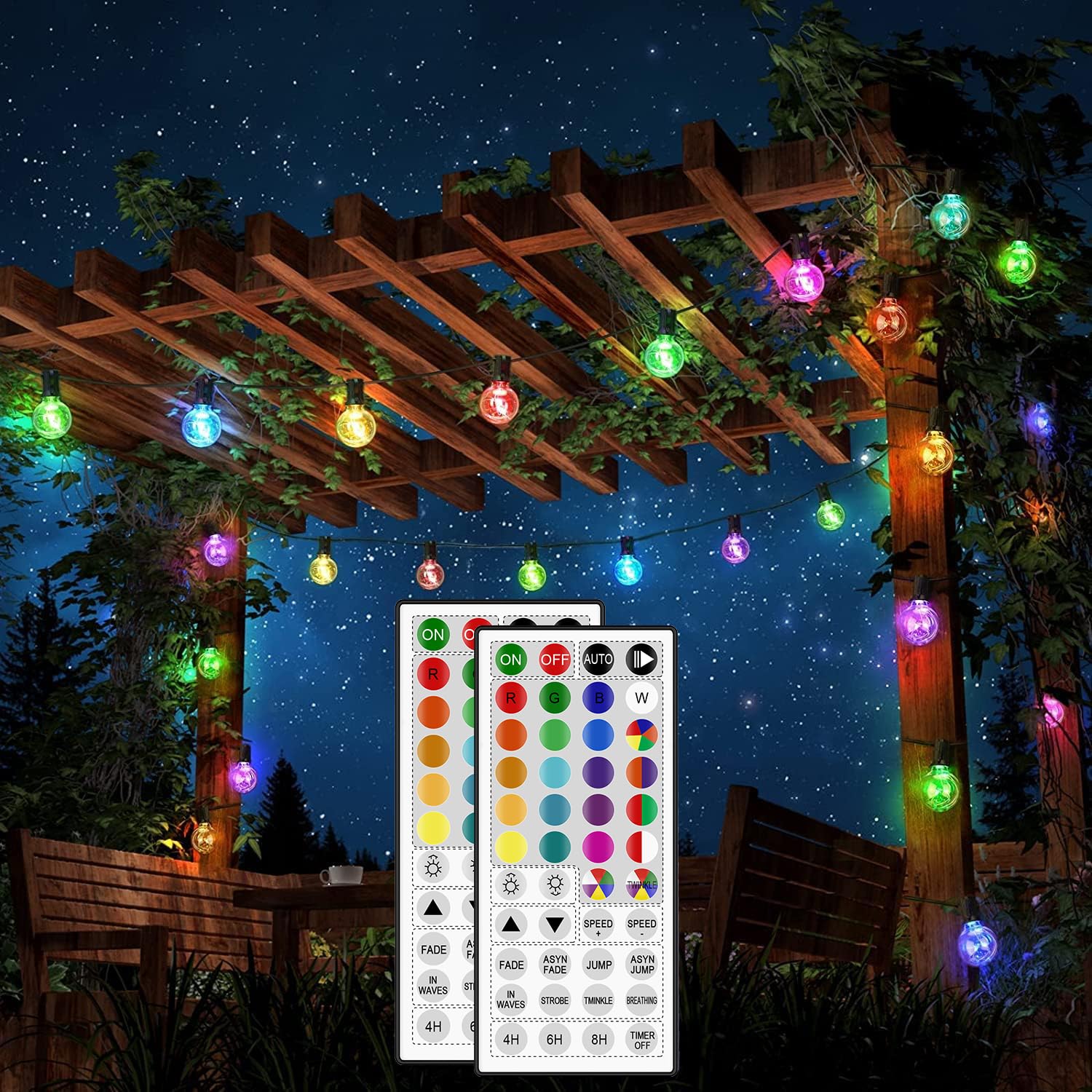 StarryEver LED Lichterkette Außen Bunt, Erweiterbar 30+2 Glühbirnen Lichterkette Außen Strom, 24 Farben 9M G40 Outdoor Lichterkette mit Fernbedienung Timer für Garten Balkon Terrasse Hof Party Deko