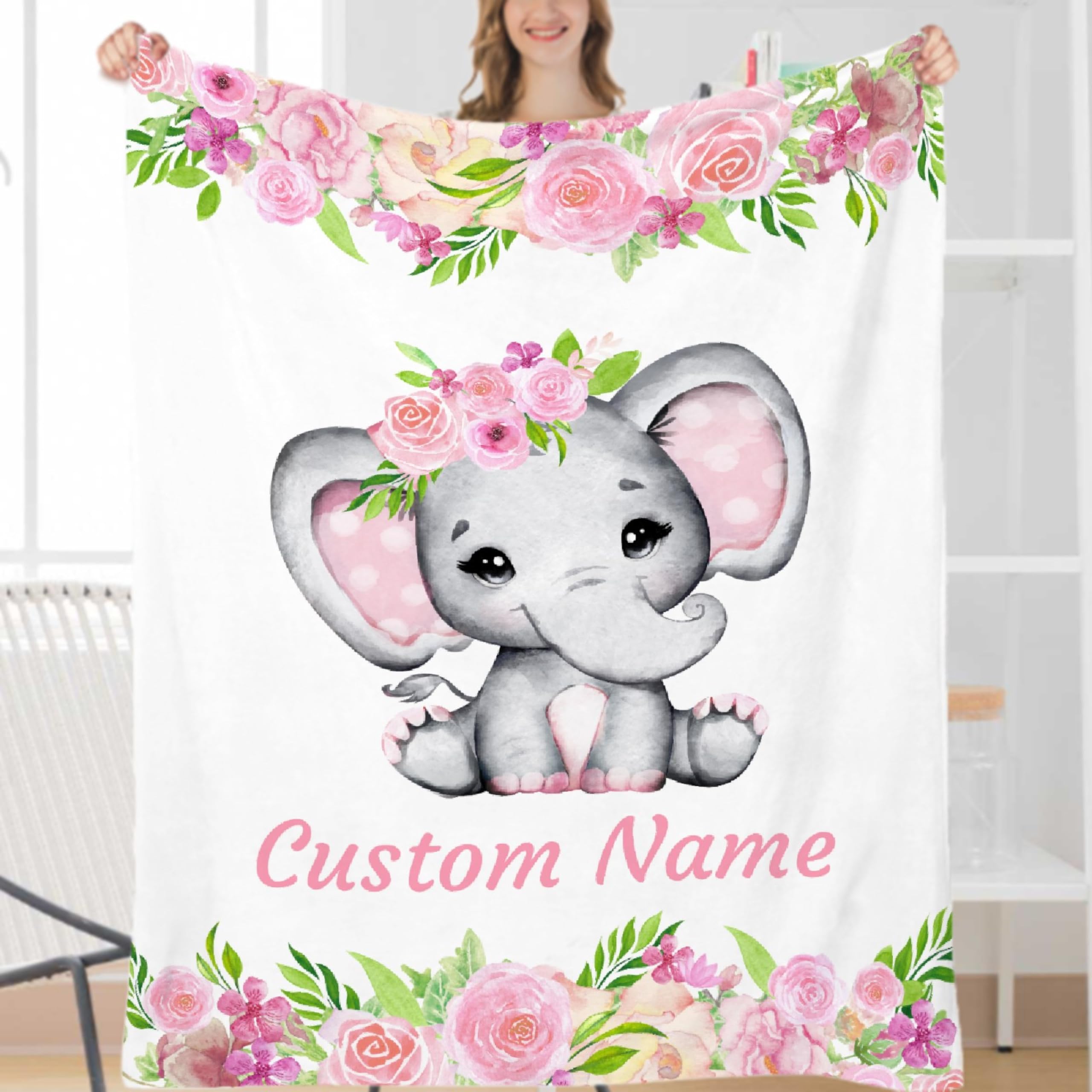 Ottoy Personalized Elephant Floral Baby Blanket Gifts for Girl Boys Custom Elephant Floral Blanket Super Soft Blankets for Couch Air-Conditioning Quilts Chirstmas Gifts Decor 120