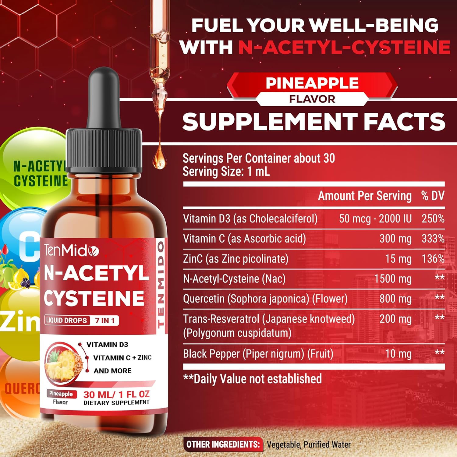 7in1 Nac Supplement N-Acetyl Cysteine Liquid Drops with Quercetin, Trans-Resveratrol, Black Pepper, Vitamin D3, Vitamin C, and Zinc - 30ml 1 Fl Oz - Image 2