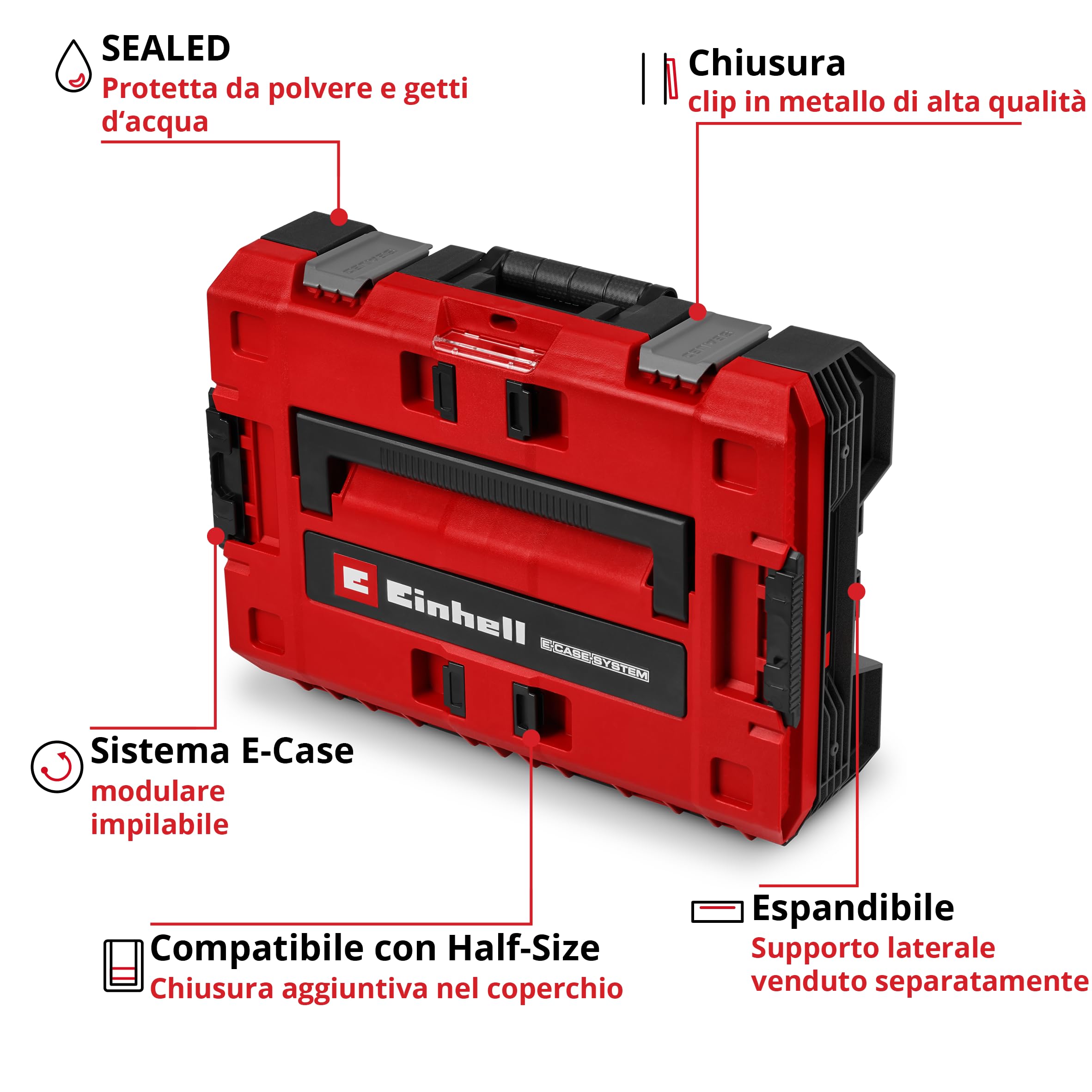 Einhell E-Case S-F SEALED (sistema E-Case, resistente alla polvere e ai getti d'acqua, compatibile con E-Cases Half Size, 44 x 33 x 13 cm, carico utile max. 90 kg, maniglia per il trasporto)