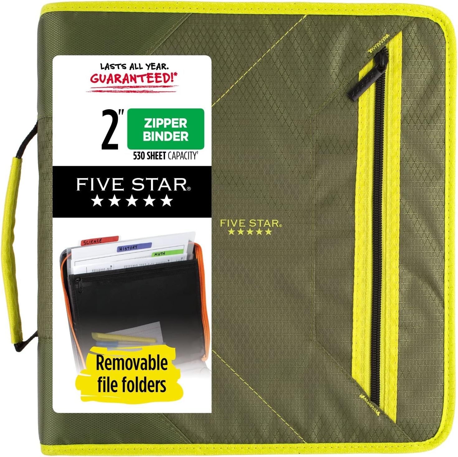 Five Star 2 Inch Zipper Binder Plus File Folders, Olive/Citrus (290360C)