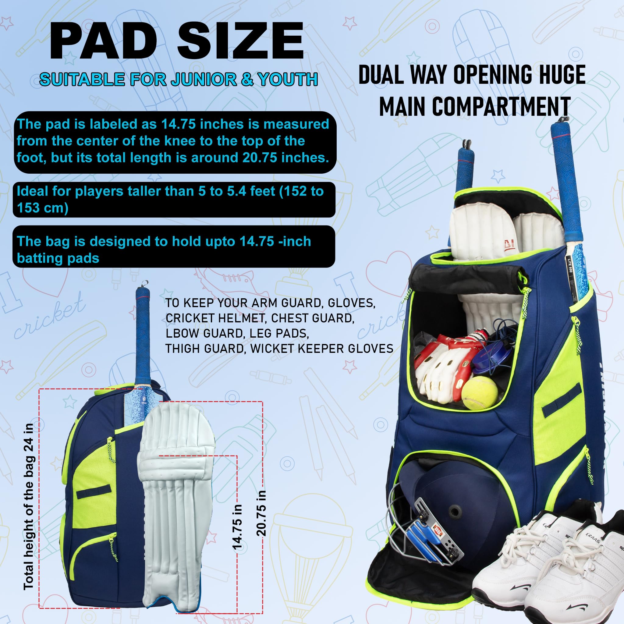 WHACKK Crowe 60L Cricket Kit Bag Navy | Youth Size Backpack Bag with 2 Bat Sleeves, Shoe & Helmet Pocket | Bottle Holder & Easy Access Pocket