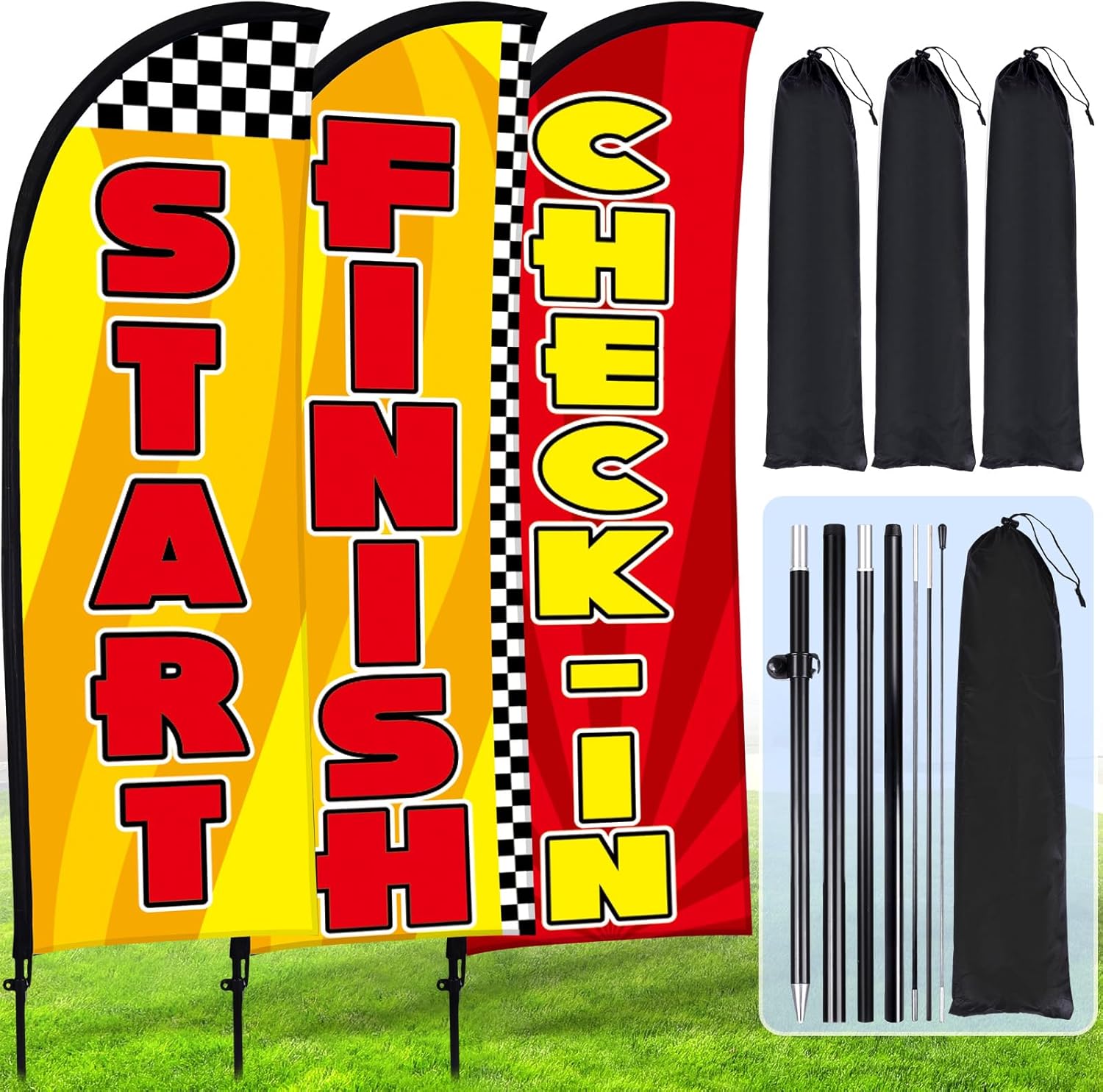 Buryeah 3 Sets Start Finish and Check-in Feather Flag 8 ft Start Advertising Banner Swooper Flag with Pole Kit and Ground Stake for Marathons and Special Events Outside, Red and Yellow