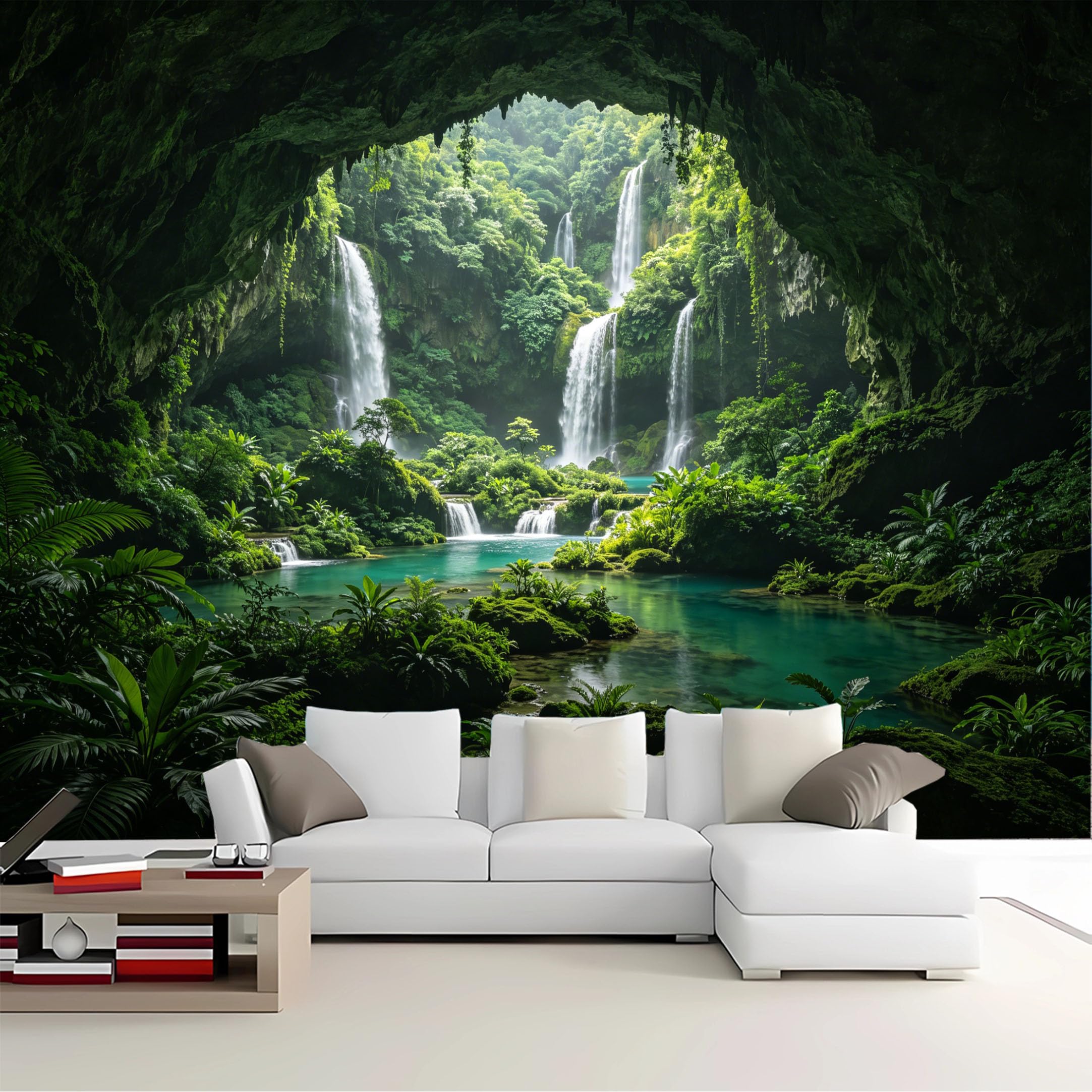 Custom Size Wall Mural Cave View Multi Waterfall Forest Removable Self Adhesive Peel and Stick Wallpaper for Bedroom Living Room Dining Room