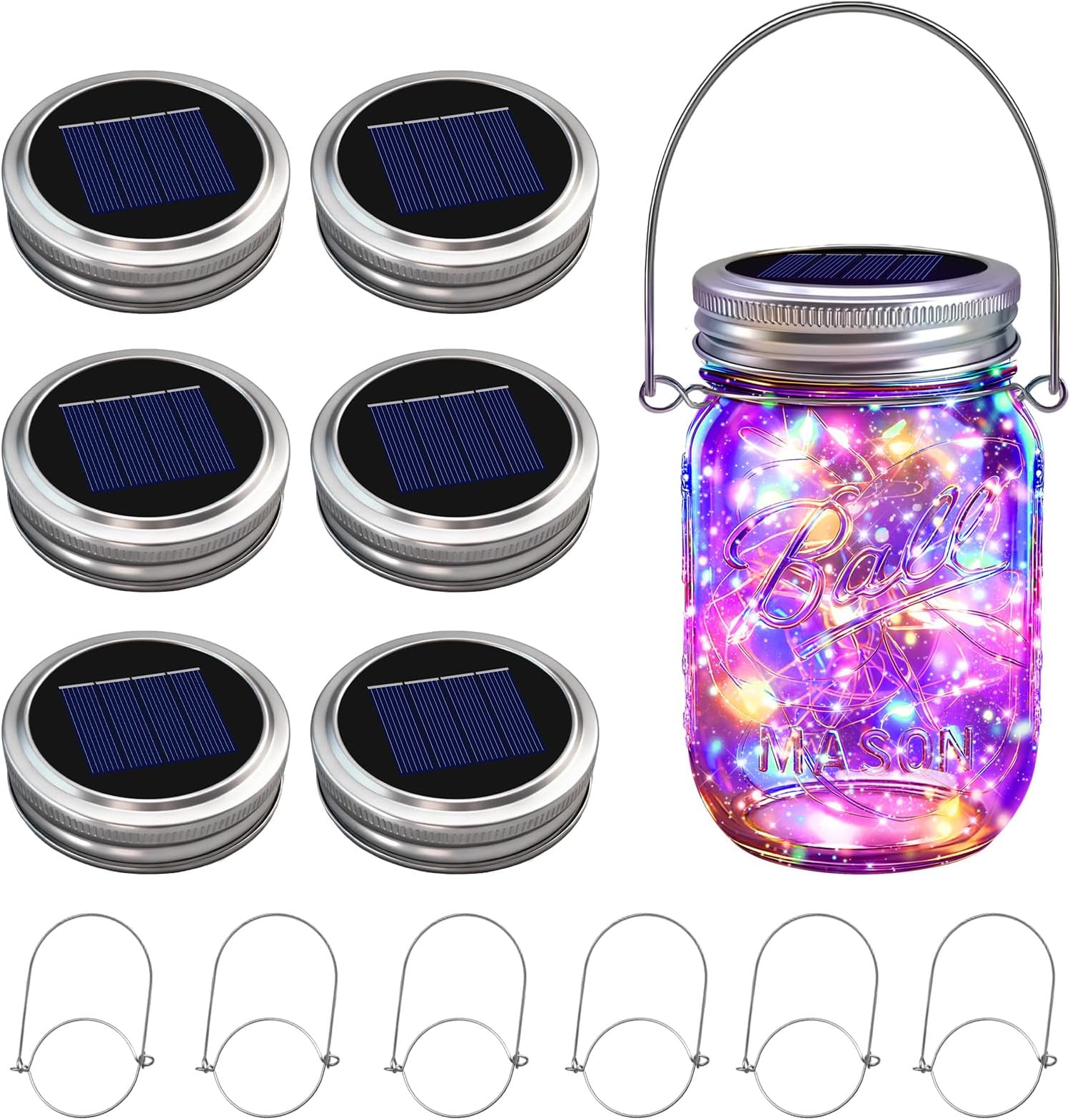 VOOKRY 6 Pack Solar Mason Jar Lights, 30 LED Mason Jar Lids Waterproof Firefly Fairy String Lights with 6 Hangers(No Jars), for Outdoor Patio Garden Yard Lawn Party Wedding Decoration - Multicolor
