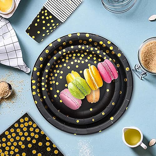 Miniatura 4 de Paquete de 50 platos de papel negros y dorados, 7 pulgadas, metálicos con lunares de papel de aluminio, desechables, platos de postre para fiestas,