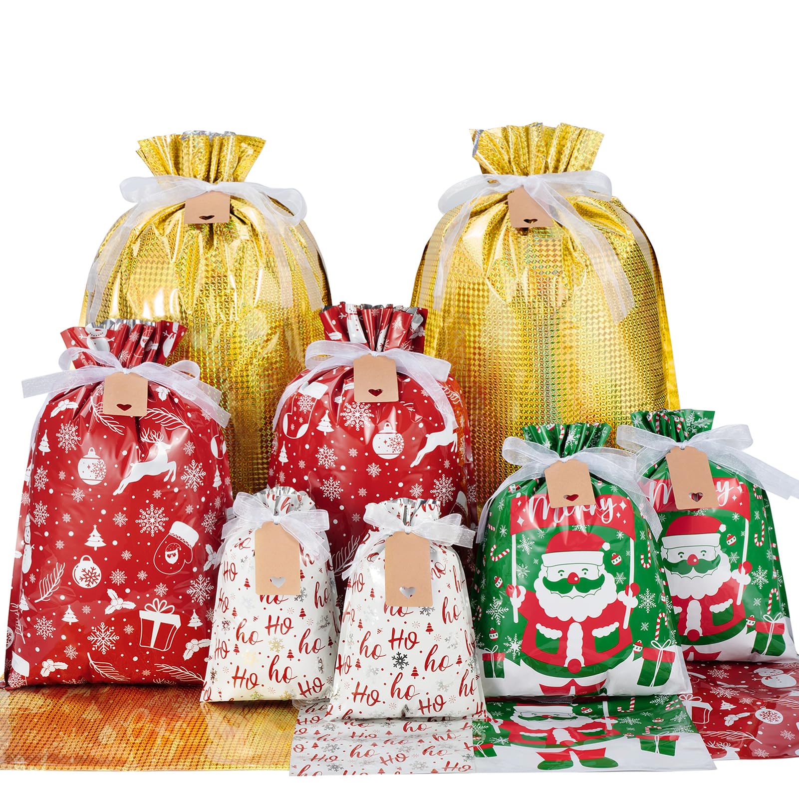 Christmas Drawstring Gift Bags with Tags - 40 Pcs Easter Gift Bags Assorted Sizes Large Medium Small Foil Gift Wrapping Bags for Birthday, Goodies, Xmas Holiday Party Favor Decoration Supplies