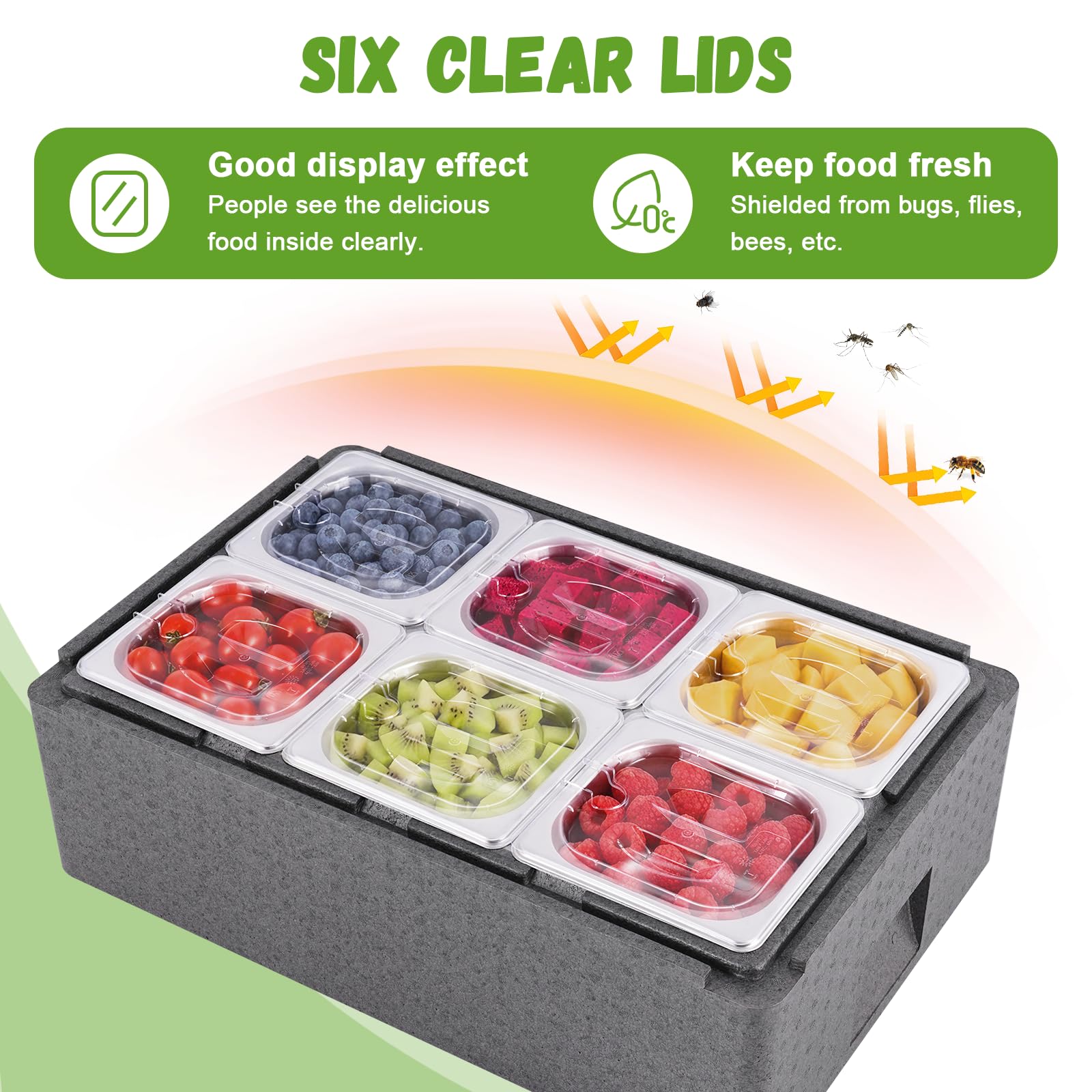 Bandeja para servir hielo para bufé de alimentos fríos, 6 tapas, 6 sartenes, 2 paquetes de hielo, contenedor de condimentos refrigerados, caja aislante, bandeja de fiesta de hielo, enfriador