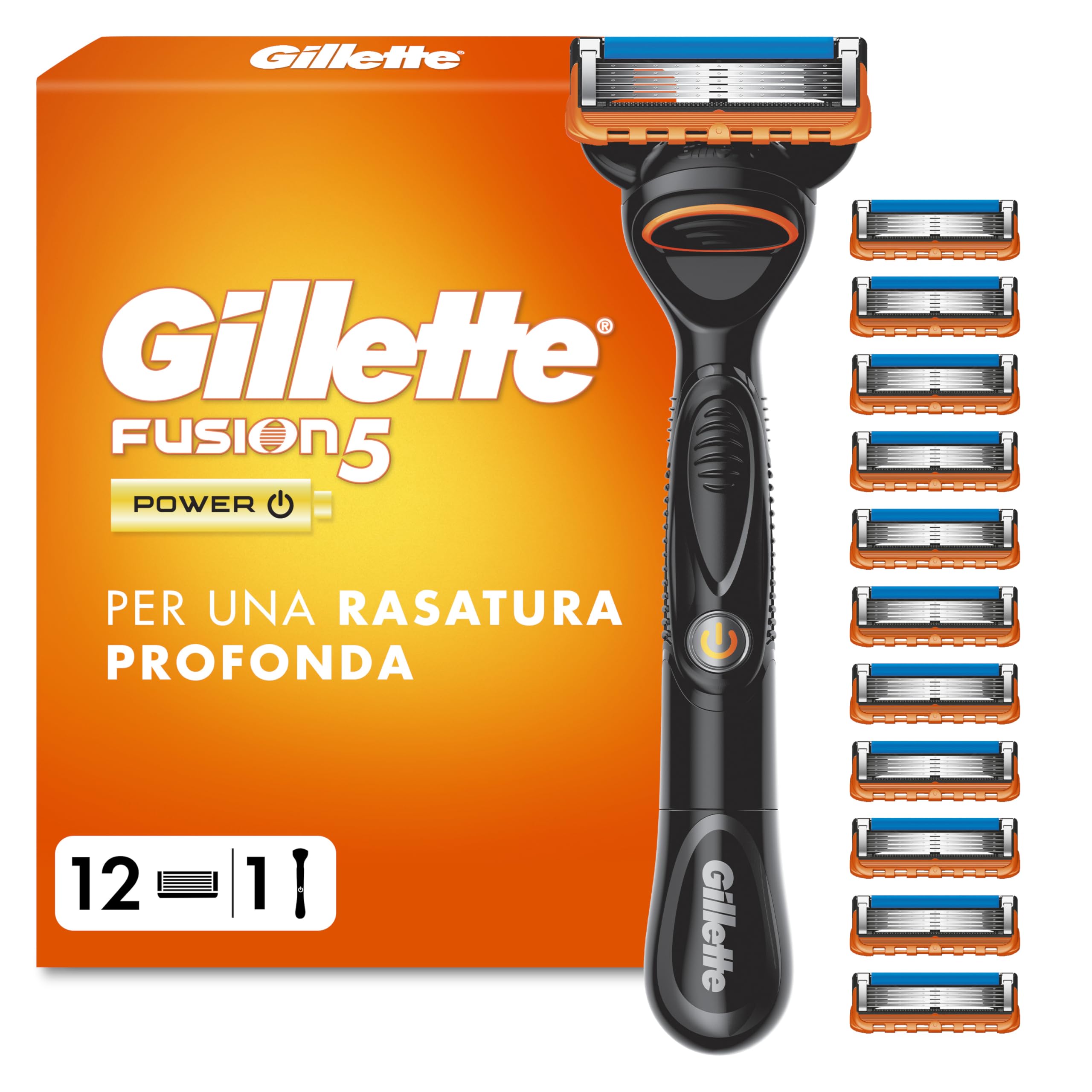 Gillette Fusion 5, 1 Rasoio Barba Manuale e 12 Lamette da Barba di Ricambio per Rasoio Manuale Fusion5, da 5 Lame, Rasatura Scorrevole con Striscia Lubrificante, Fino a 1 Mese di Rasatura per Lametta