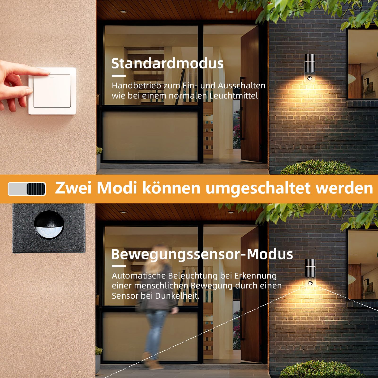 2er Aussenlampe mit Bewegungsmelder Schwarz IP44 GU10 inkl. 5W LED | Außenleuchte mit Bewegungssensor Aussenleuchten warmweiß Metall Terrasse Balkon Garten Eingang Garage 230V 2x5W 500lm licht
