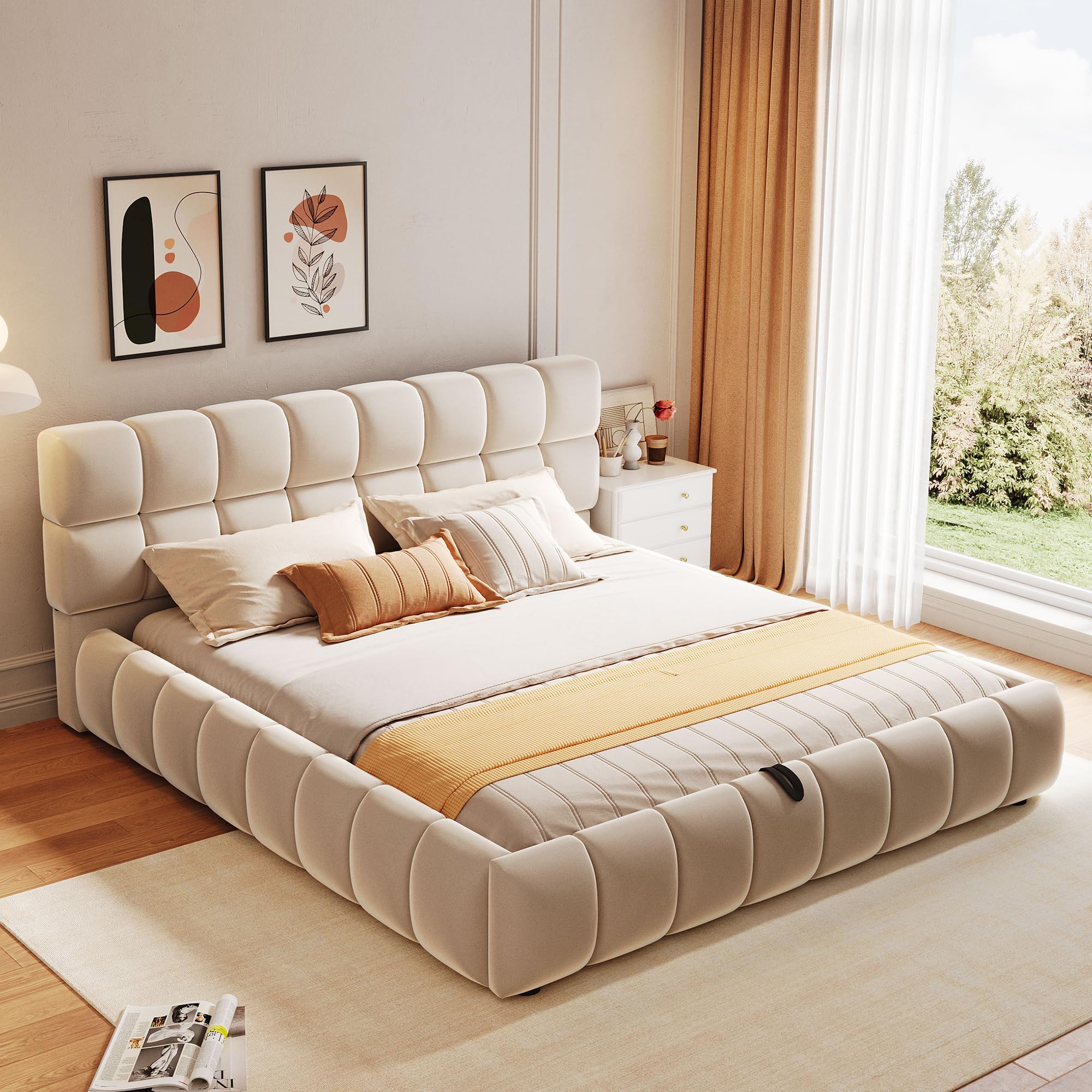 Cama tapizada de 140 x 200 cm, cabecero y laterales de cama con forma sólida y voluminosa, equipada con función de almacenamiento hidráulico, colchón integrado, cama doble, tela de terciopelo, sin