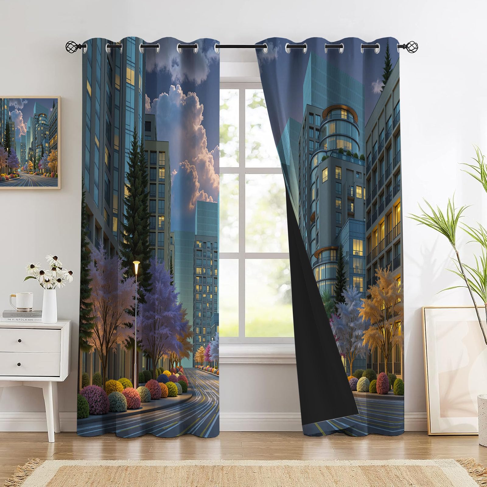 Tende Oscuranti, Scena Urbana Di Strada Tenda Termica con Anelli Finestra Della Stanza a Grattacieli Della Città Dei Sogni per Cameretta dei Bambini, Sala Giochi - 2 Pannelli 117x137cm