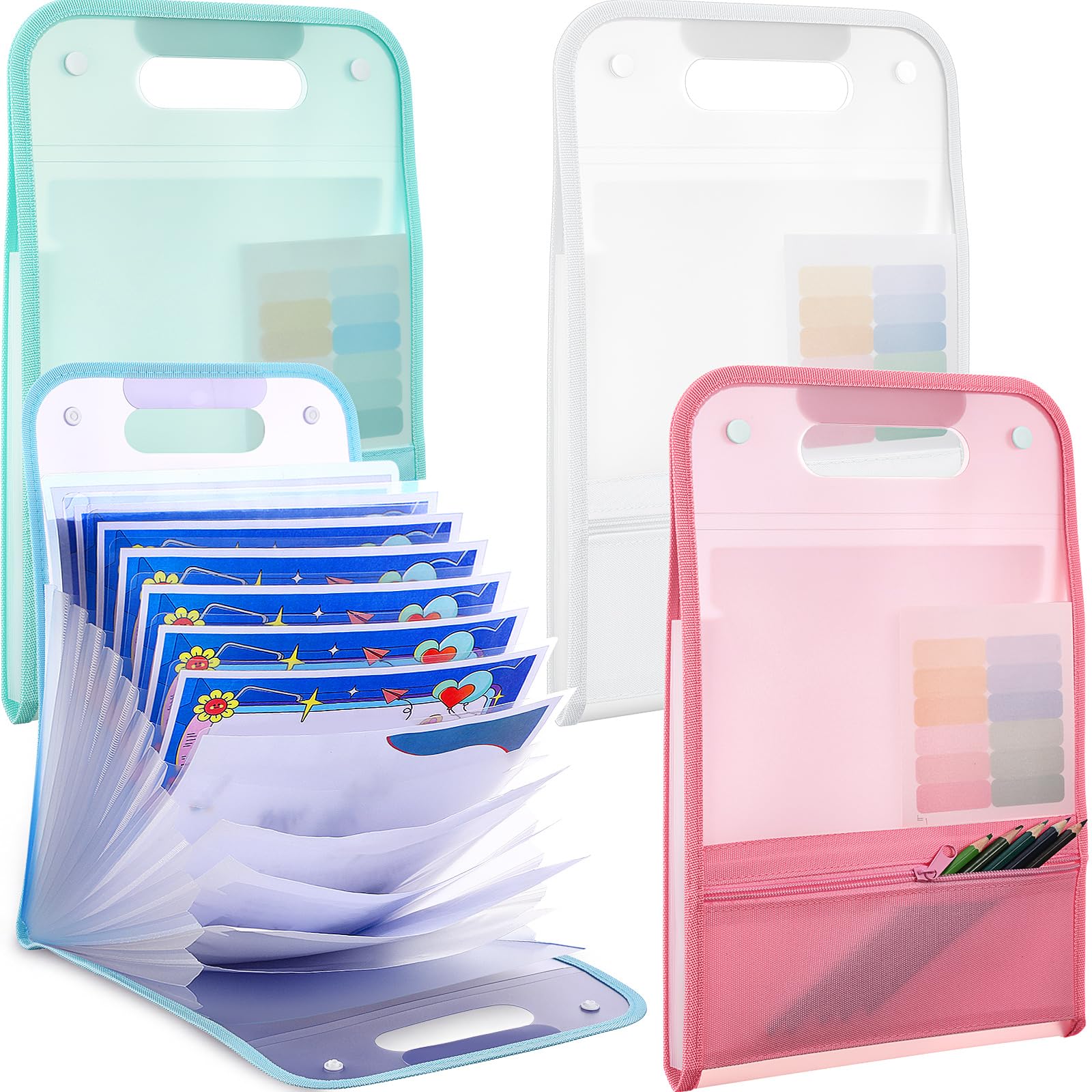 Fulmoon 4 Pcs A4 File Folders,13 Pockets File Organizer with Labels A4 Expanding File Vertical with Portable Receipt Document Organizer for Office School (Light Colors,9.45" X 14.17",Novelty)