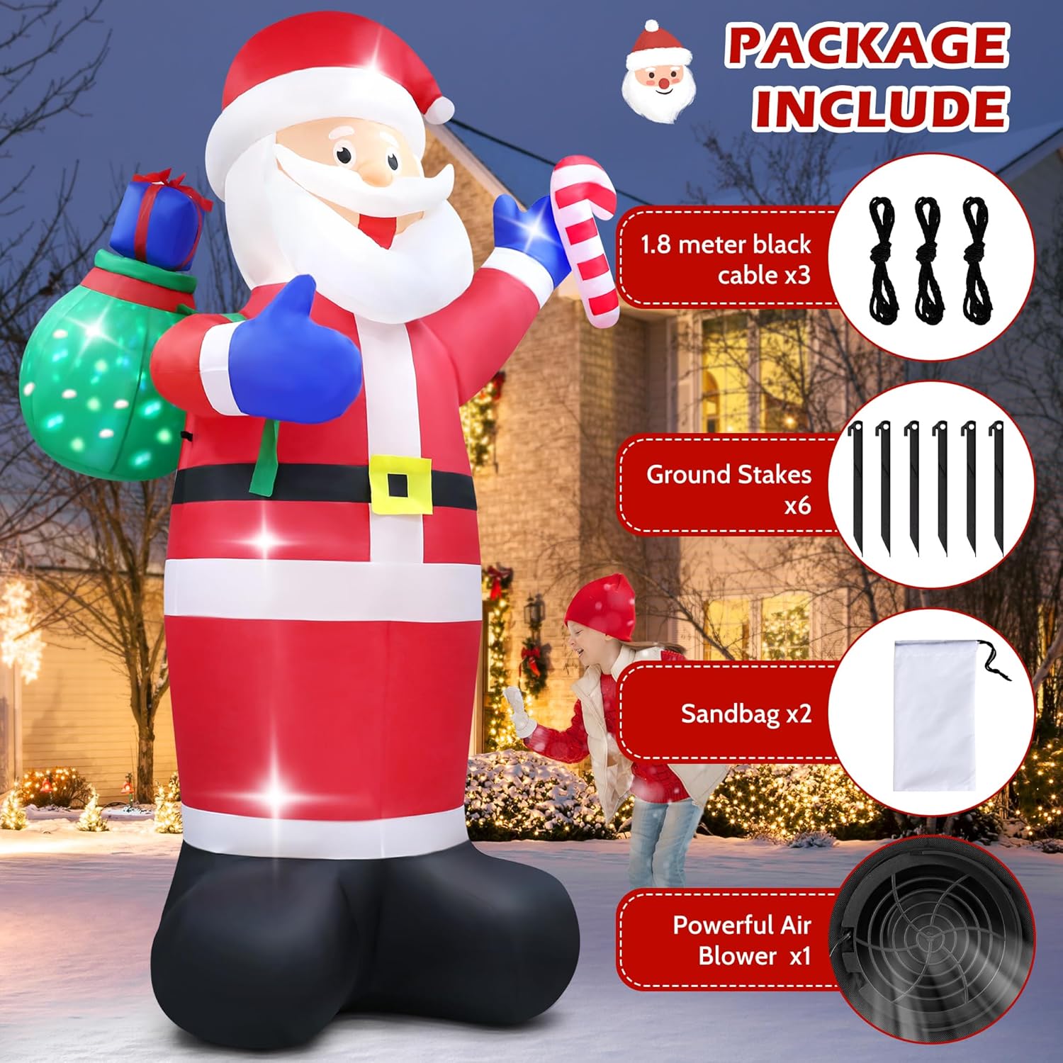 Giant Christmas Inflatable Santa Claus Outdoor, 8 FT Christmas Blow Ups Yard Decorations, Inflatable Santa with Flashing Gift Bag, Build in LED Lights Xmas Decorations for Party Garden Lawn Decor - Image 4