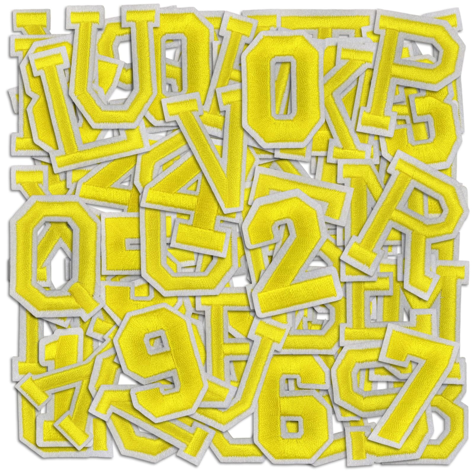 Letter and Number Iron On Patches, A-Z Alphabet and Numbers 0-9 Embroidery Applique Patch, DIY Decorative Heat Press Patches for Clothing Jeans Jackets Backpacks Hats (Yellow 72 Pcs)
