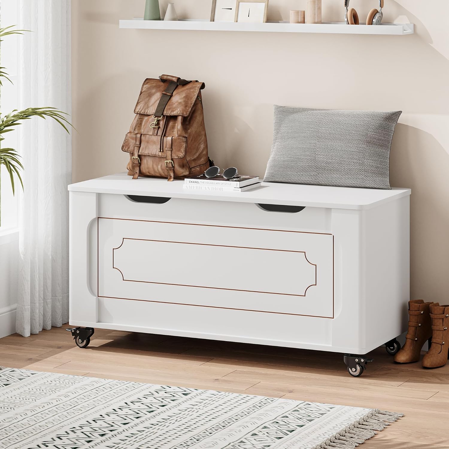 IDEALHOUSE Storage Chest, Wooden Storage Bench with 4 Wheels, 39.4" Storage Trunk with 2 Safety Hinges, Supports 350 Lbs, Round Corner, U-Shape Cutout, for Entryway, Living Room, White