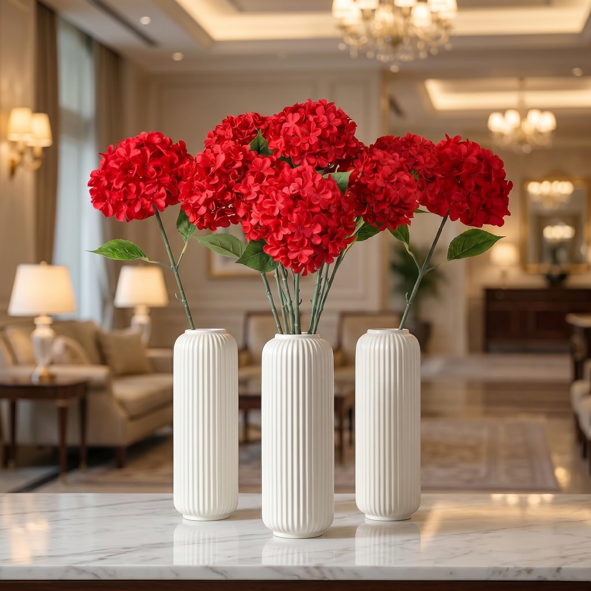 20 Fiori Artificiali di Ortensia Rossa da 22 Pollici per Decorazioni Domestiche, Centrotavola per Matrimoni, Feste di Compleanno - Composizioni Floreali Artificiali con Steli Blue