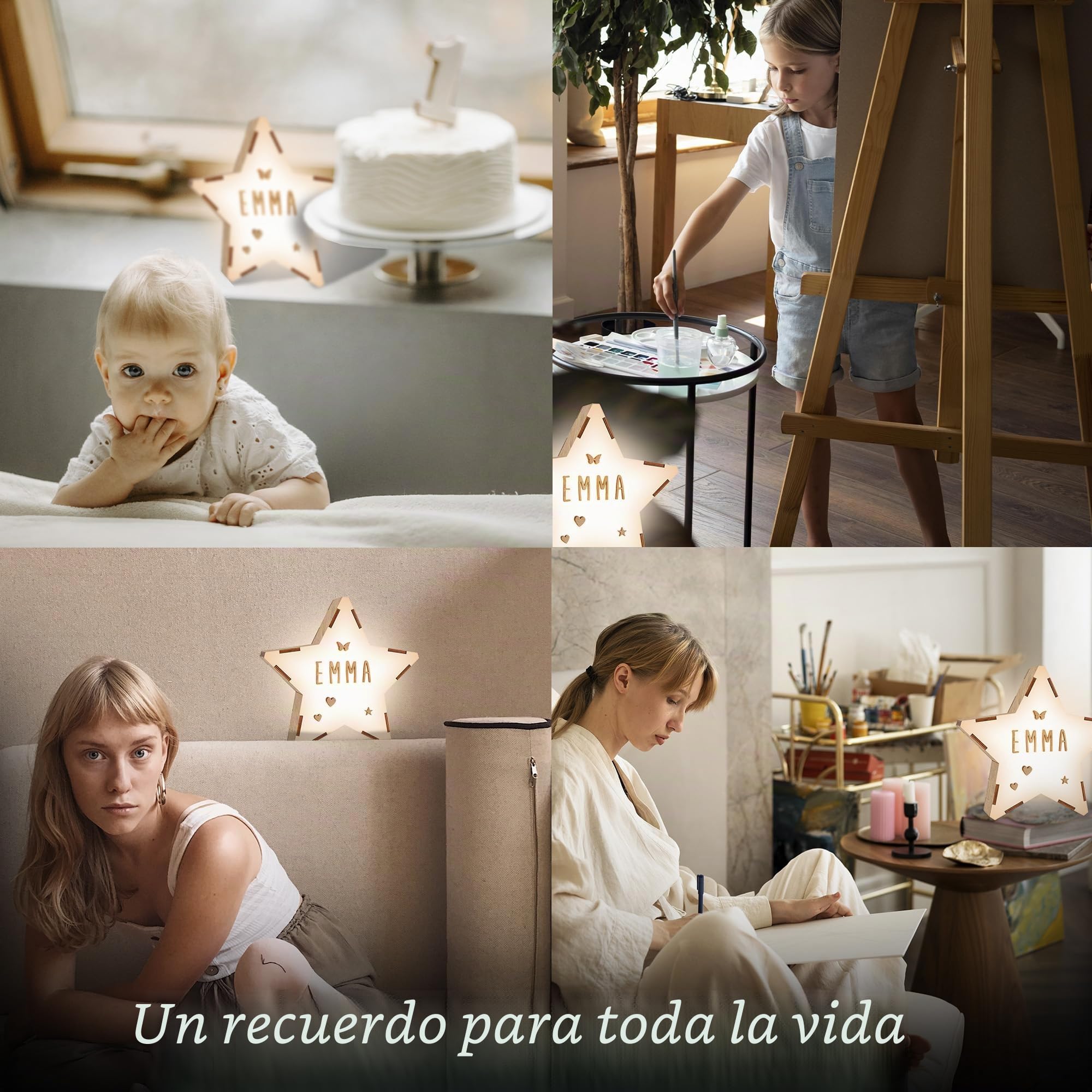 WONDEE Vintiun Regalos Originales Personalizados para Bebés, Lámpara Estrella Madera Personalizable, Estrella Luz Nocturna Infantil Quitamiedos, Regalos Bebés Recién Nacidos Originales