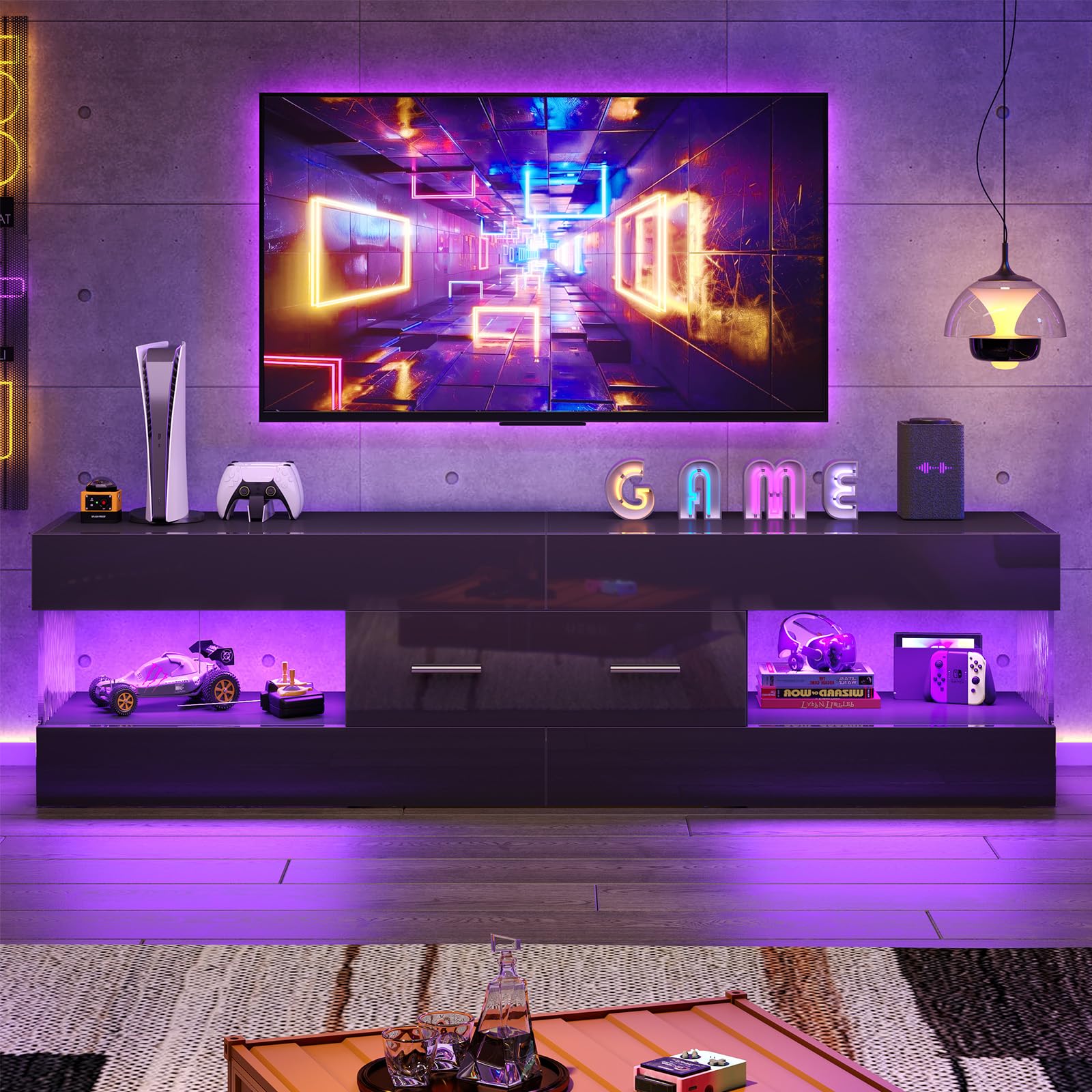 Bestier Mobile TV per TV da 65 pollici,moderno mobile TV laccato lucido,centro di intrattenimento a LED con ampio cassetto,consolle TV per soggiorno e camera da letto(nero)