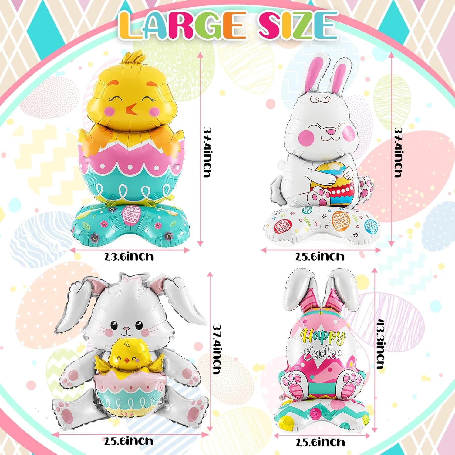 Cinnvoice 4 Pcs Large Size Easter Balloons Bunny Rabbit Chicken Egg Shaped Foil Balloons with Base Standing for Happy Easter Birthday Home Spring Baby Shower Animal Themed Party Decorations