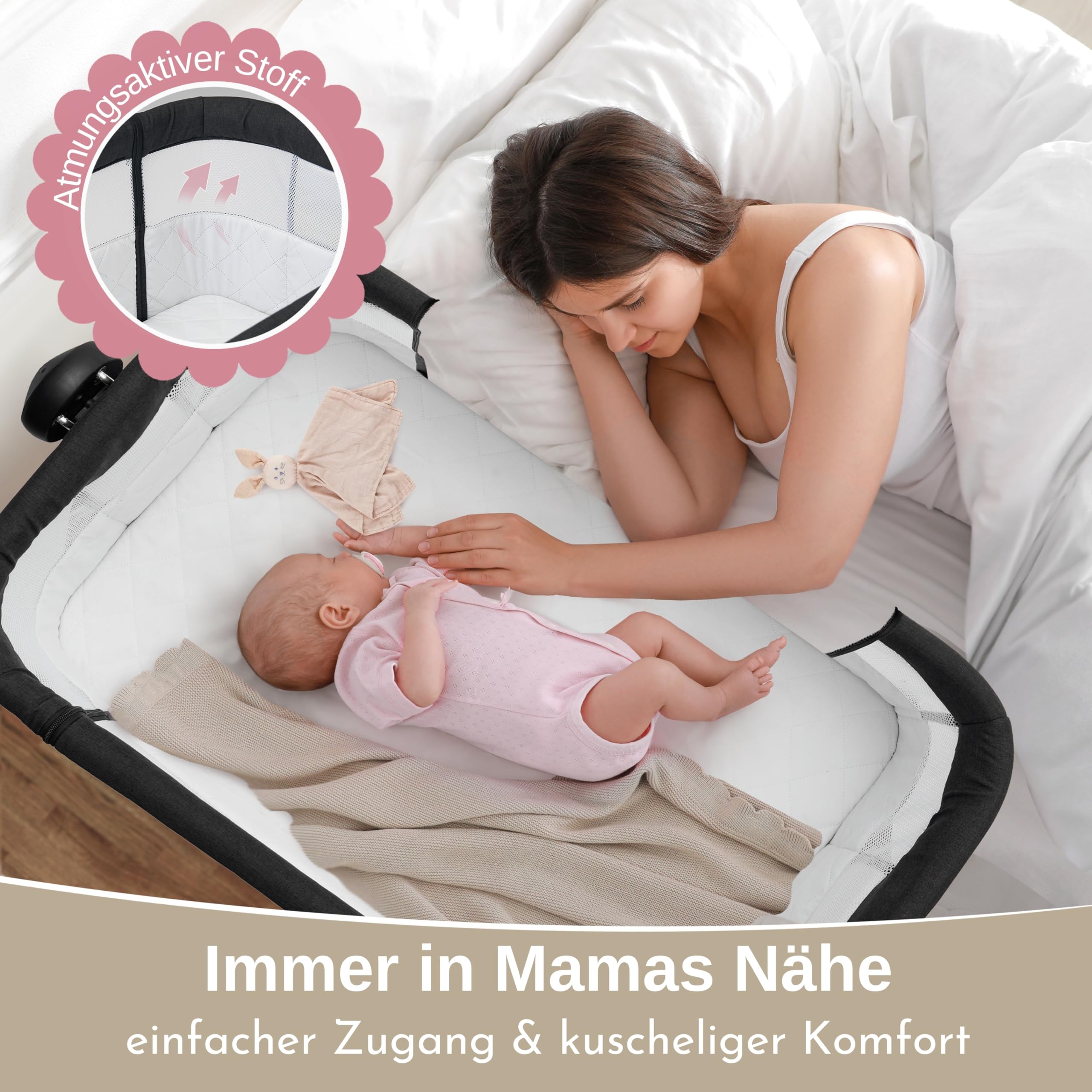 LullaBee Beistellbett & Baby Co-Sleeper – 6 Höhenstufen, Schaukel­funktion, Rollen, gesteppte Matratze, Mesh-Seiten mit Moskitonetz, faltbares Bett mit Tragetasche (0–6 Monate) – Schwarz/Braun