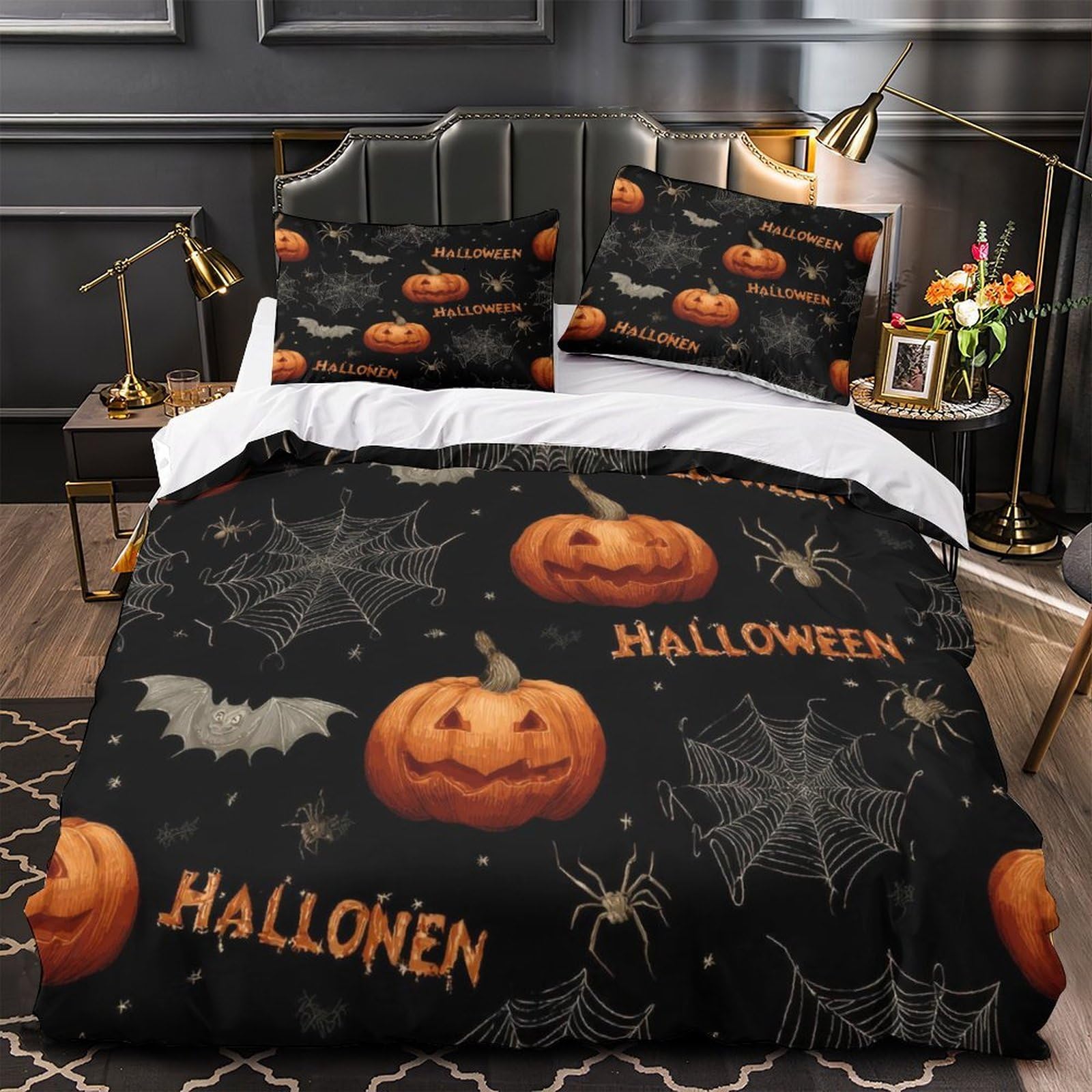 Parure de lit Halloween 140x200 cm avec housse de couette en microfibre 3D pour lit simple ado