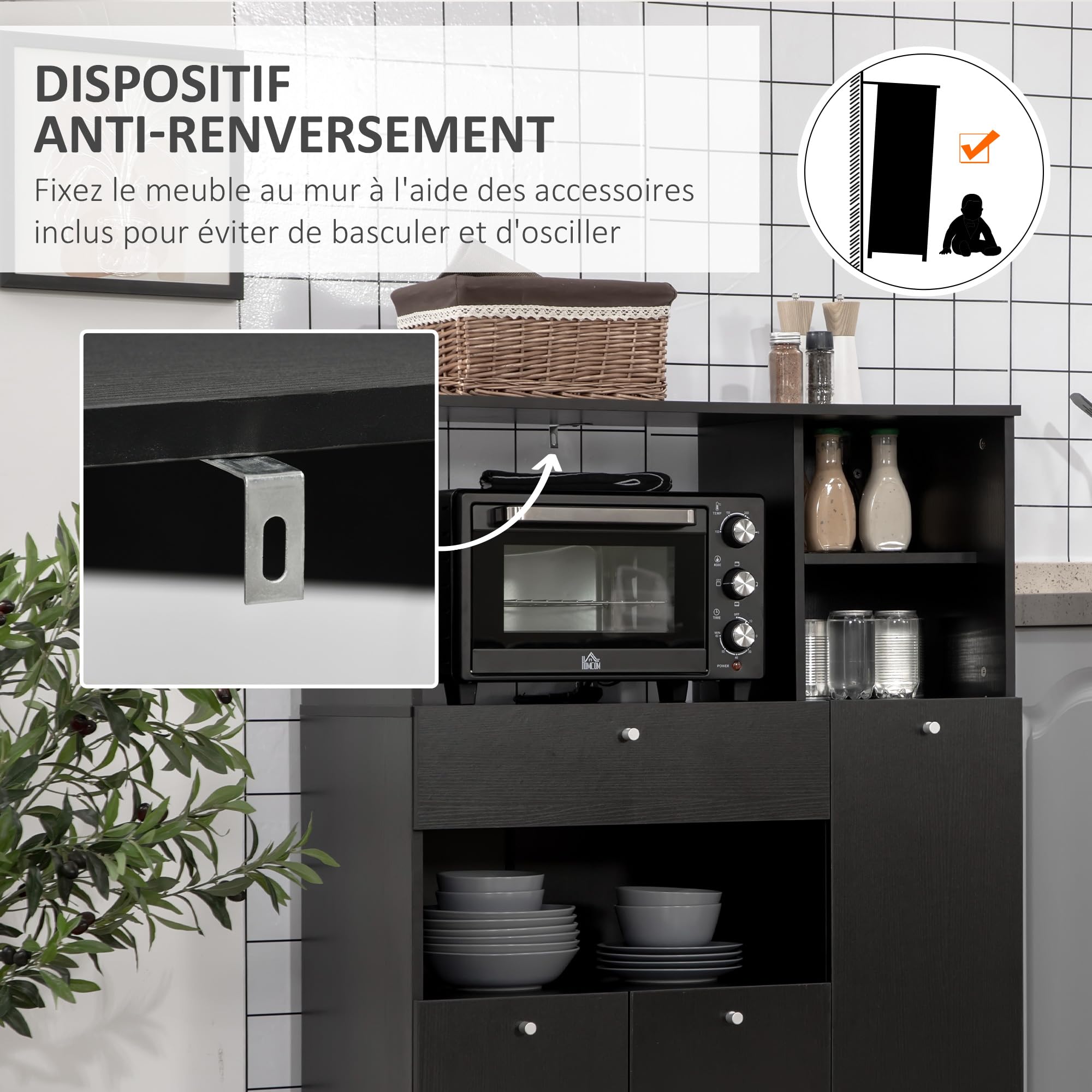 HOMCOM Meuble de Micro-Onde Buffet 2 Placards 90L x 40l x 120H cm Noir | Armoire Cuisine, Meuble de Rangement Multi-Rangements, 4 Niches, Tiroir Coulissant, en Bois